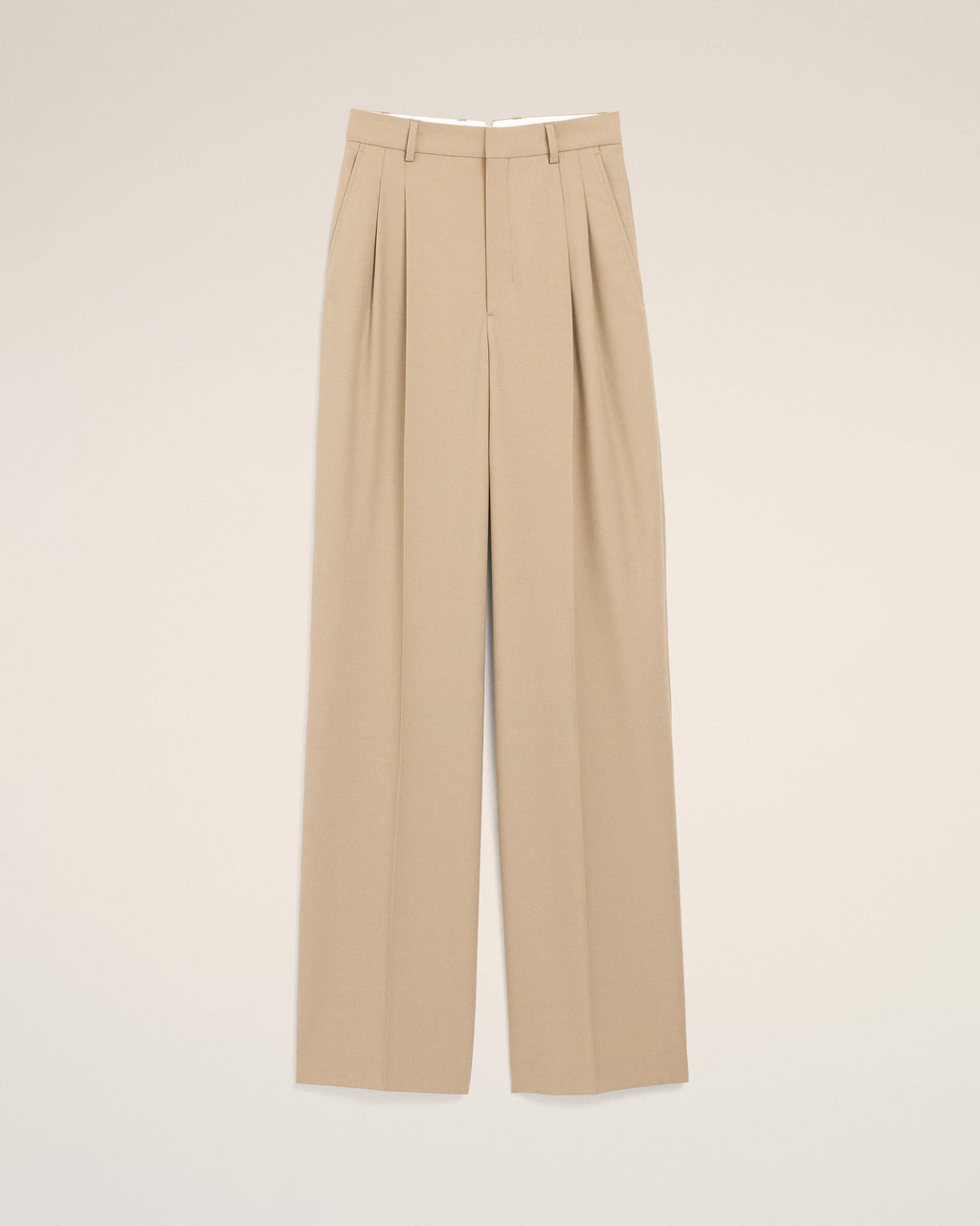 Beige New Wool High Waist Wide Trousers With Two Pleats