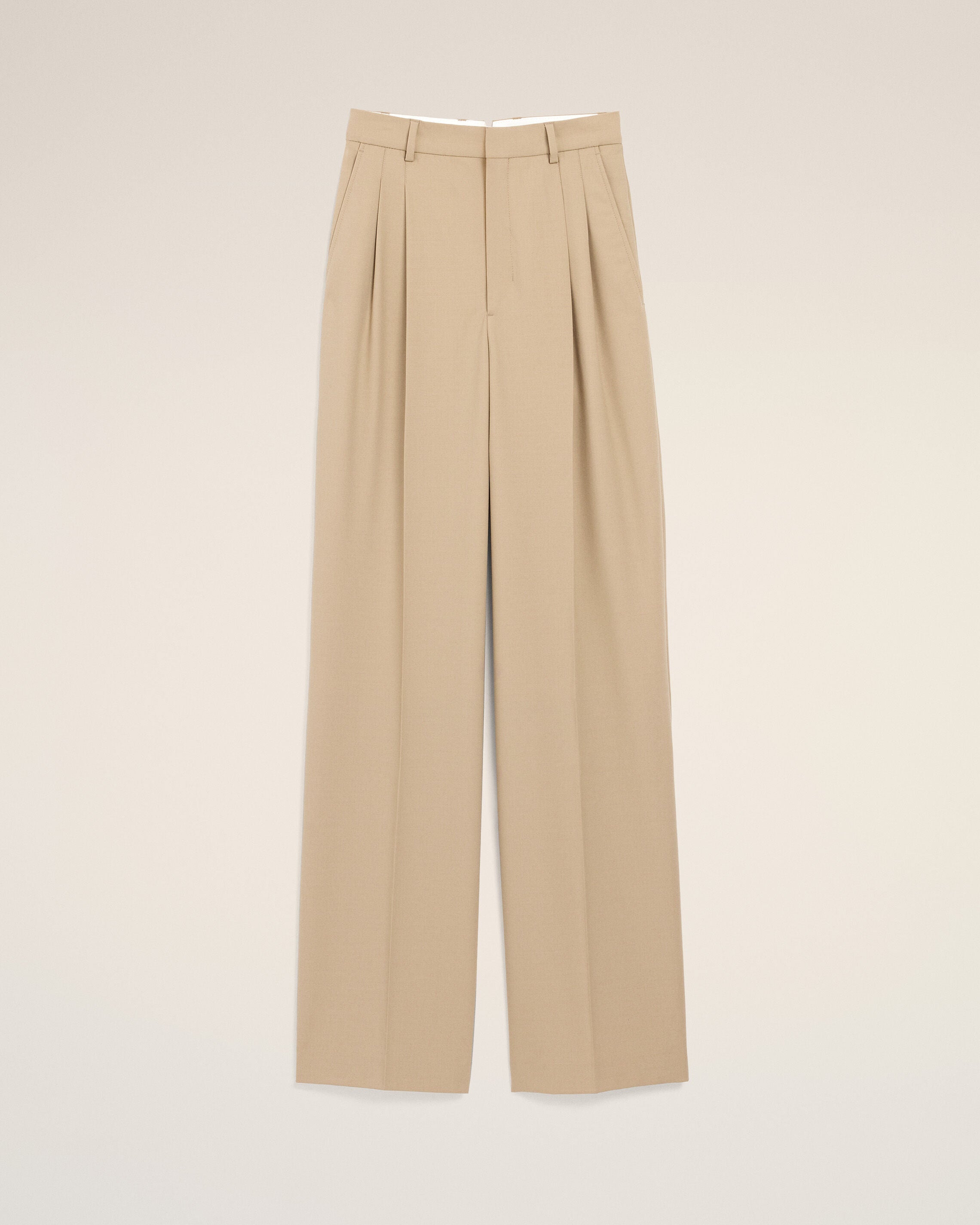 Beige New Wool High Waist Wide Trousers With Two Pleats