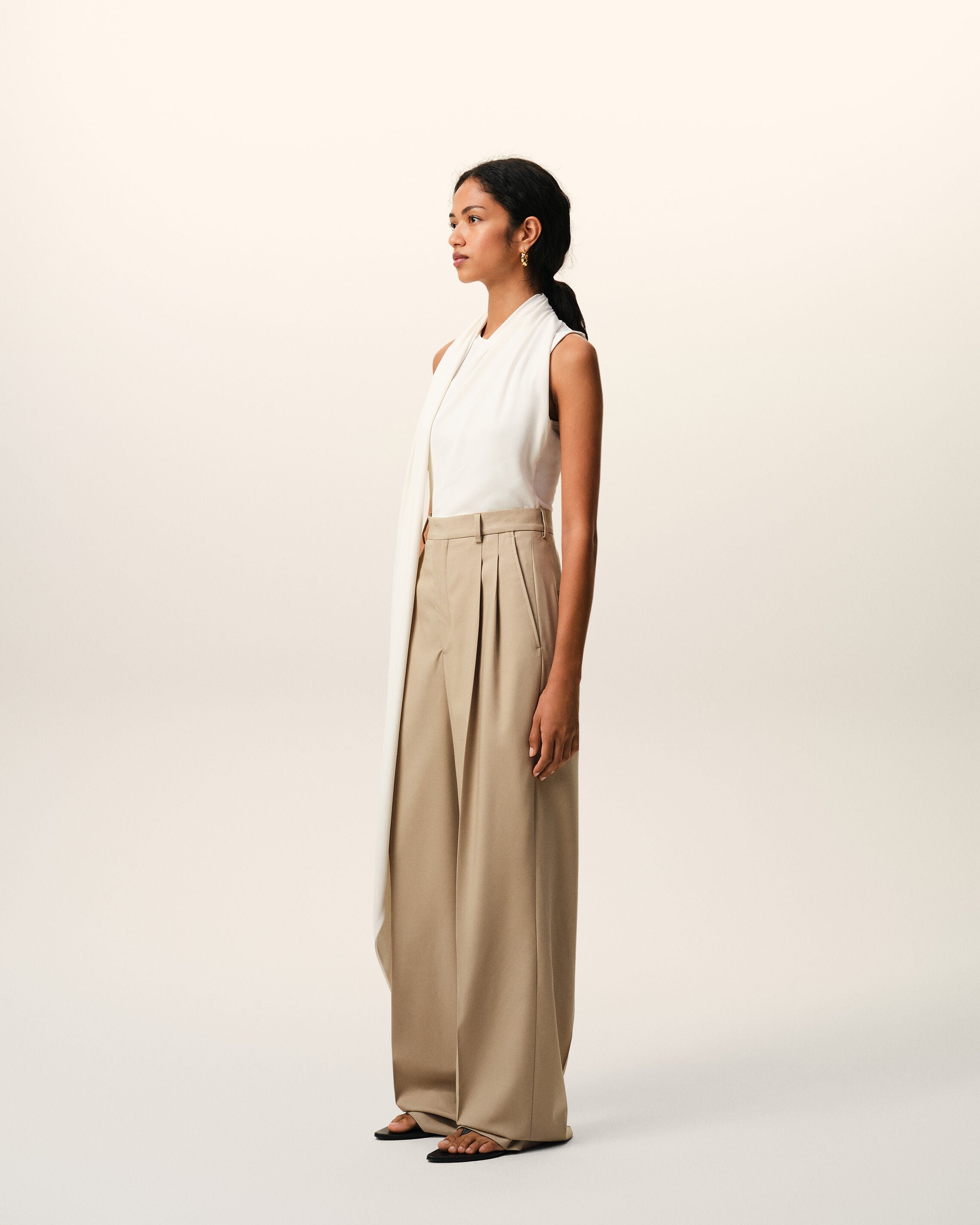 Beige New Wool High Waist Wide Trousers With Two Pleats
