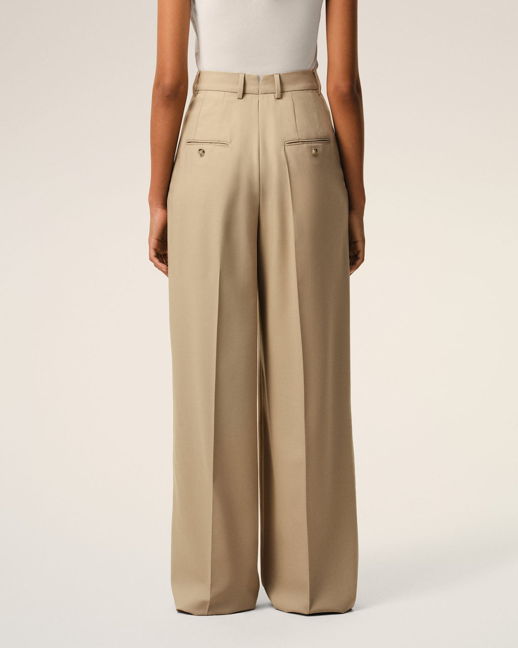 Beige New Wool High Waist Wide Trousers With Two Pleats