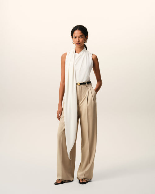 Beige New Wool High Waist Wide Trousers With Two Pleats