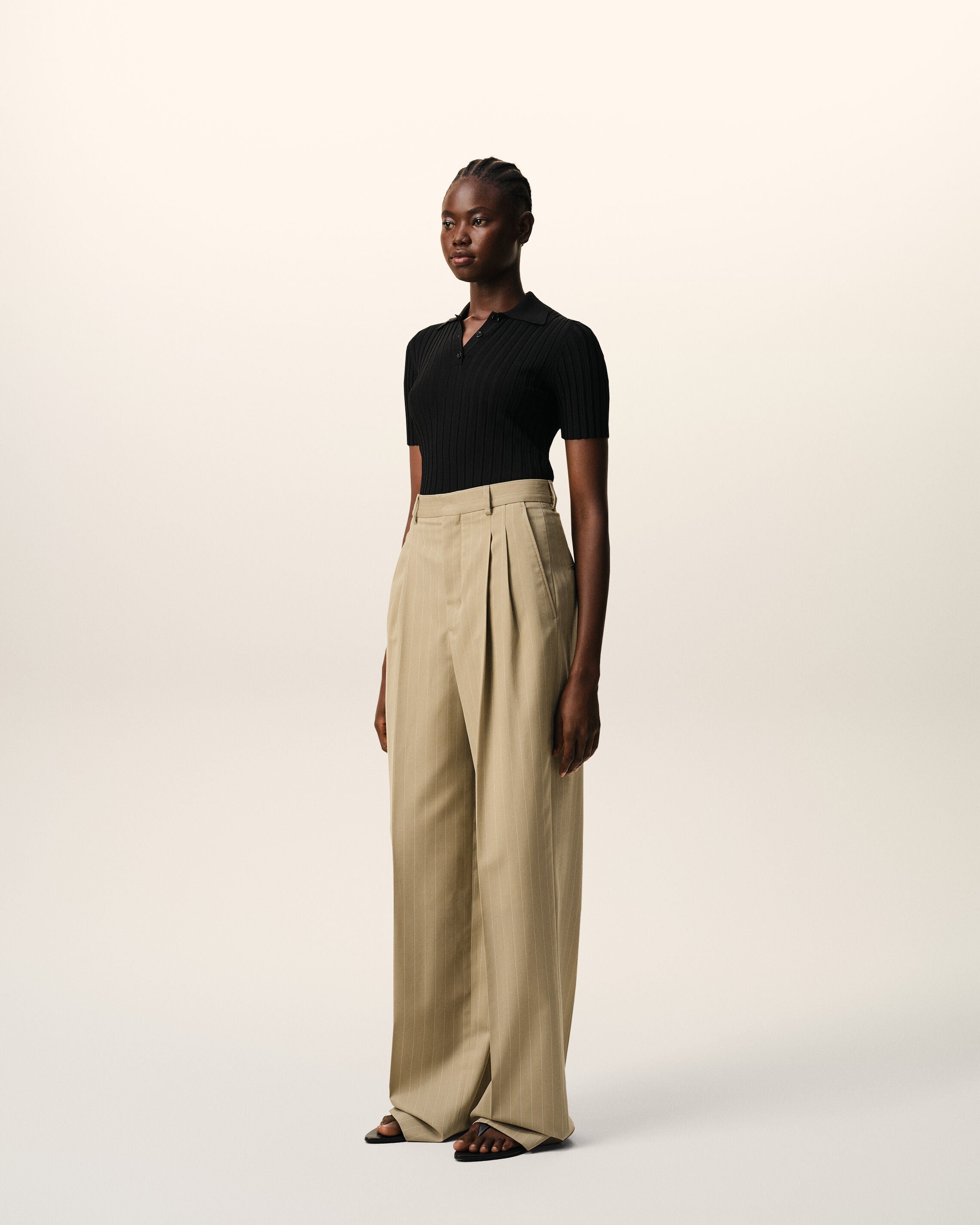 Beige New Wool High Waist Wide Trousers