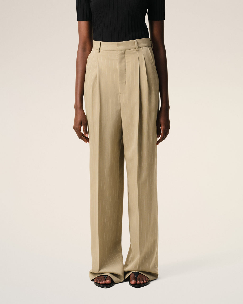 Beige New Wool High Waist Wide Trousers