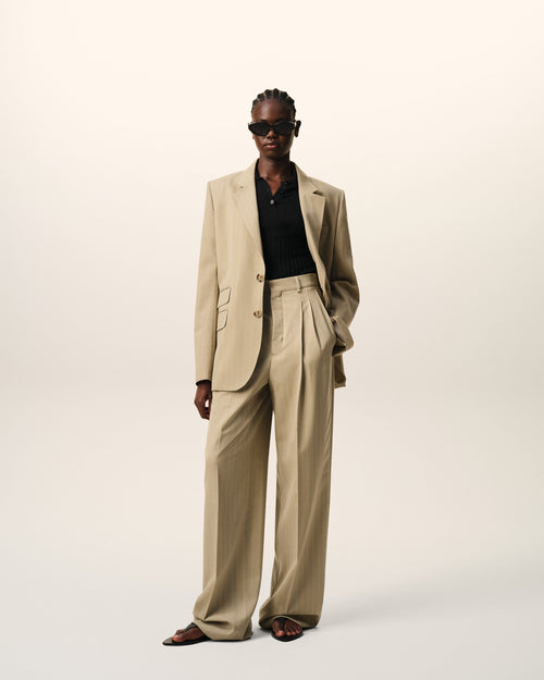 Beige New Wool High Waist Wide Trousers