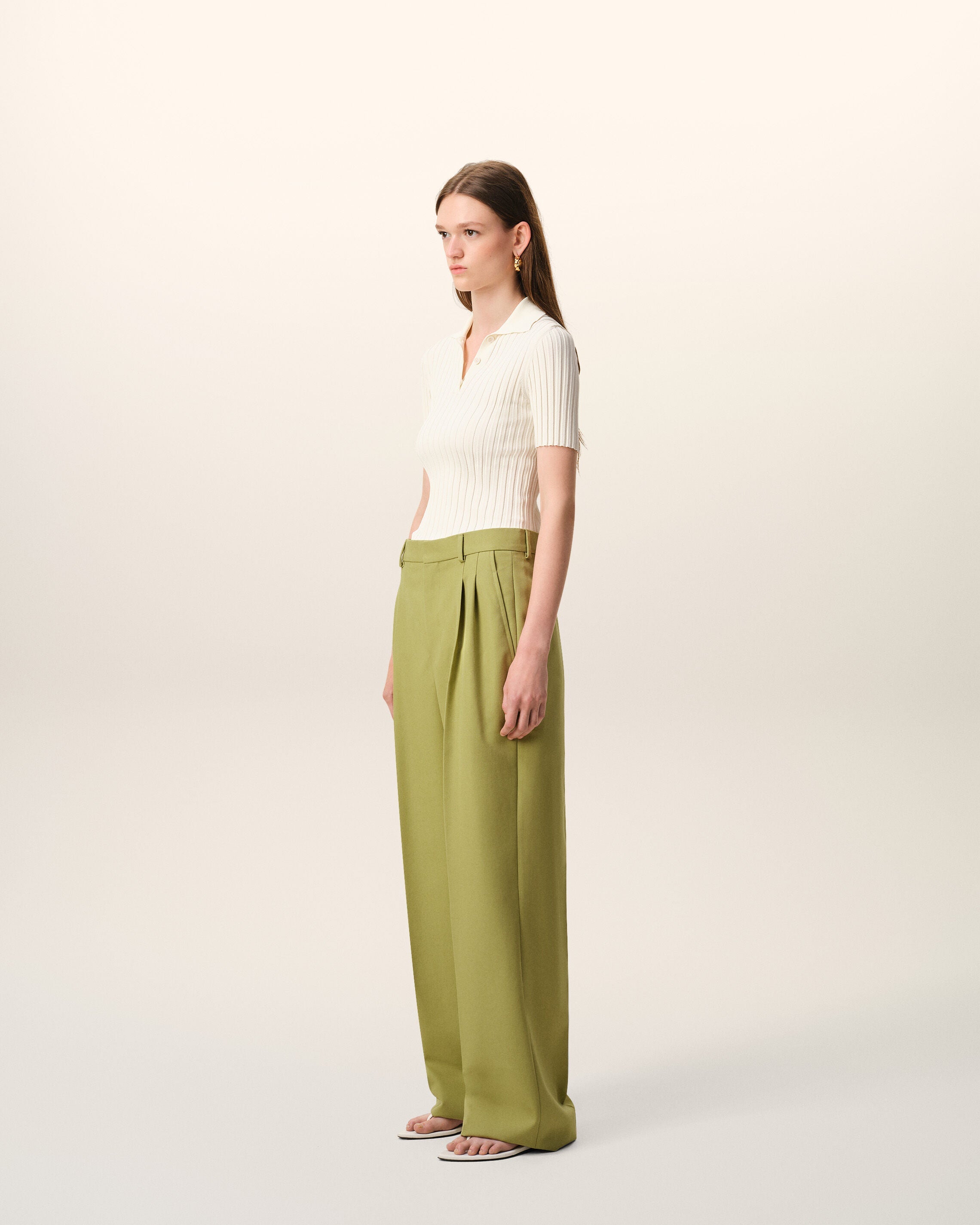 Green New Wool Low Waist Wide Trousers
