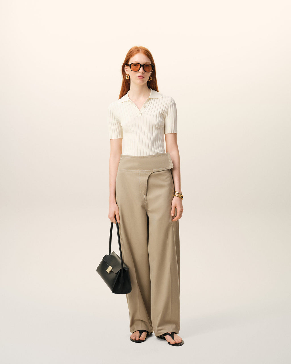 Beige Cotton Wrapped Belted Trousers