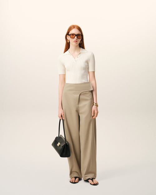 Beige Cotton Wrapped Belted Trousers