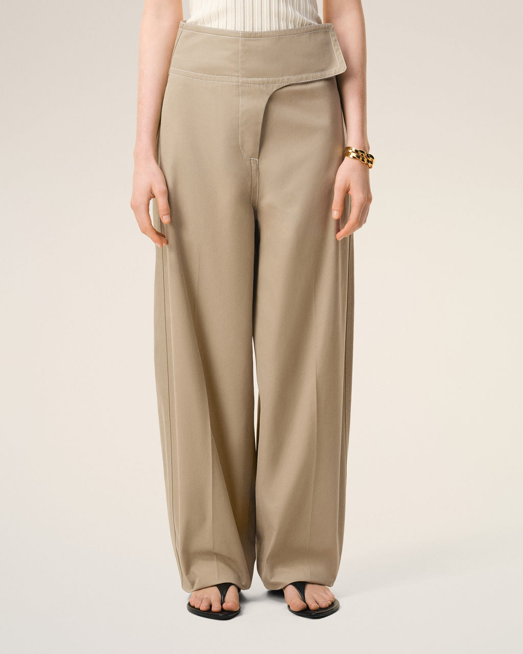 Beige Cotton Wrapped Belted Trousers