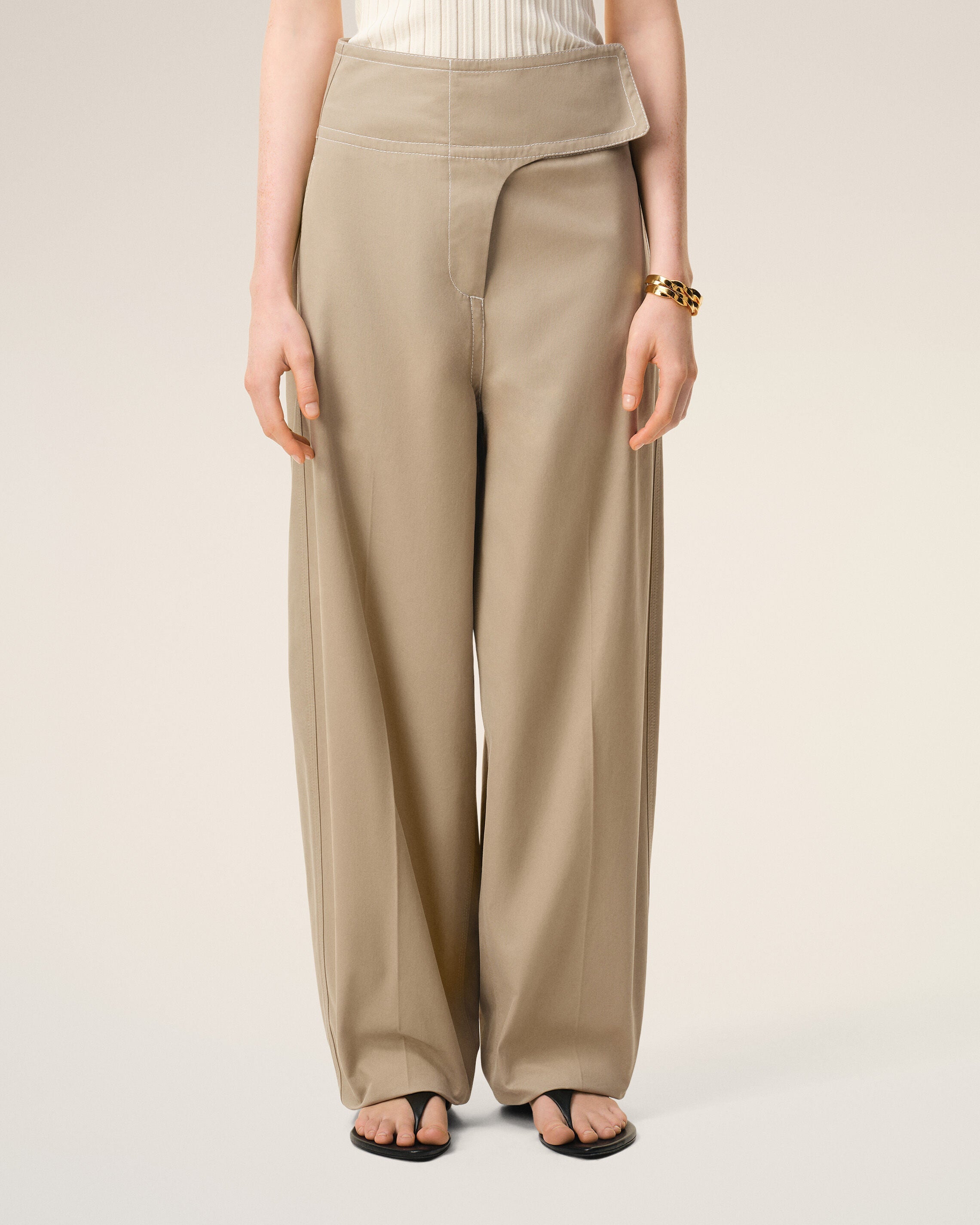 Beige Cotton Wrapped Belted Trousers