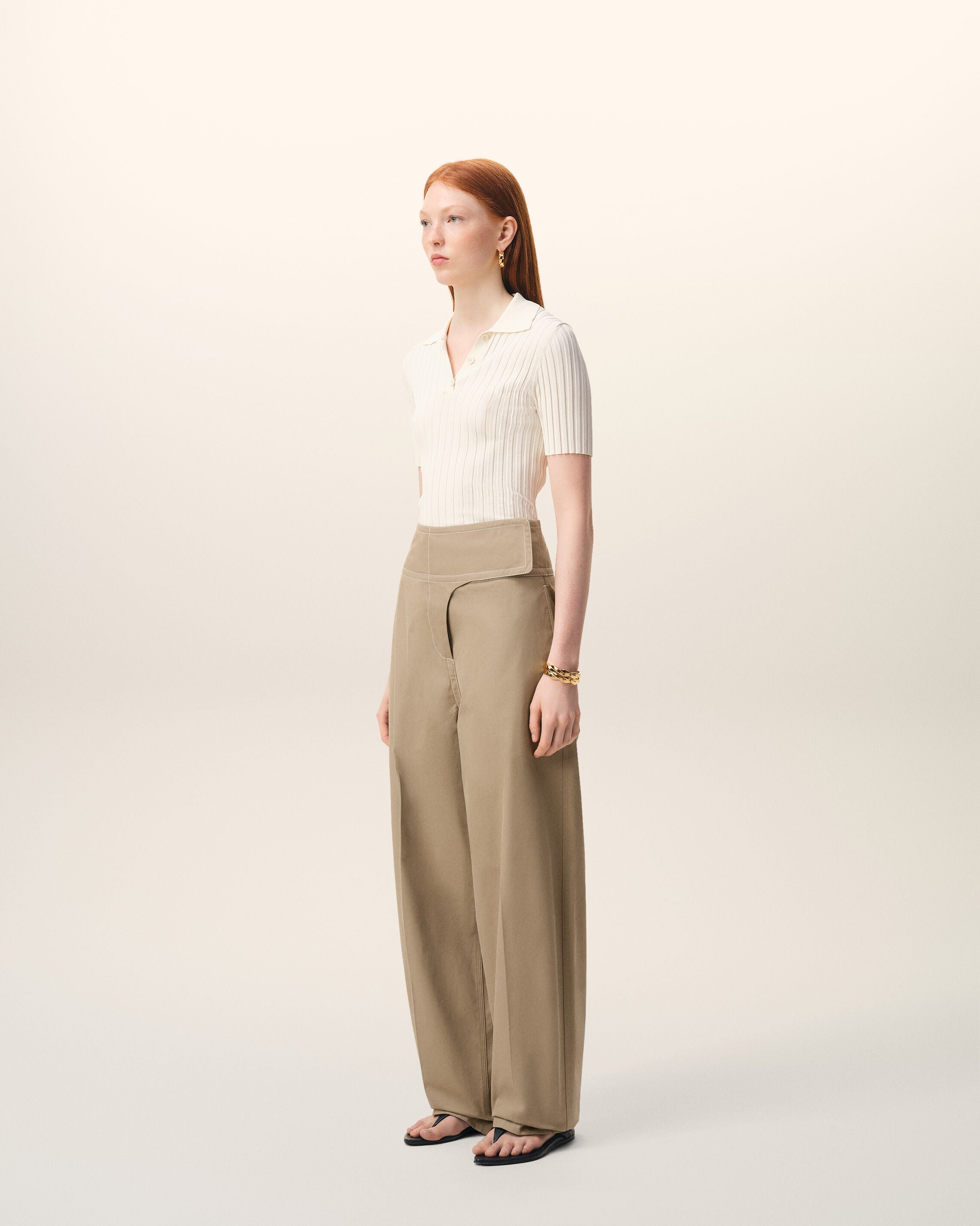 Beige Cotton Wrapped Belted Trousers