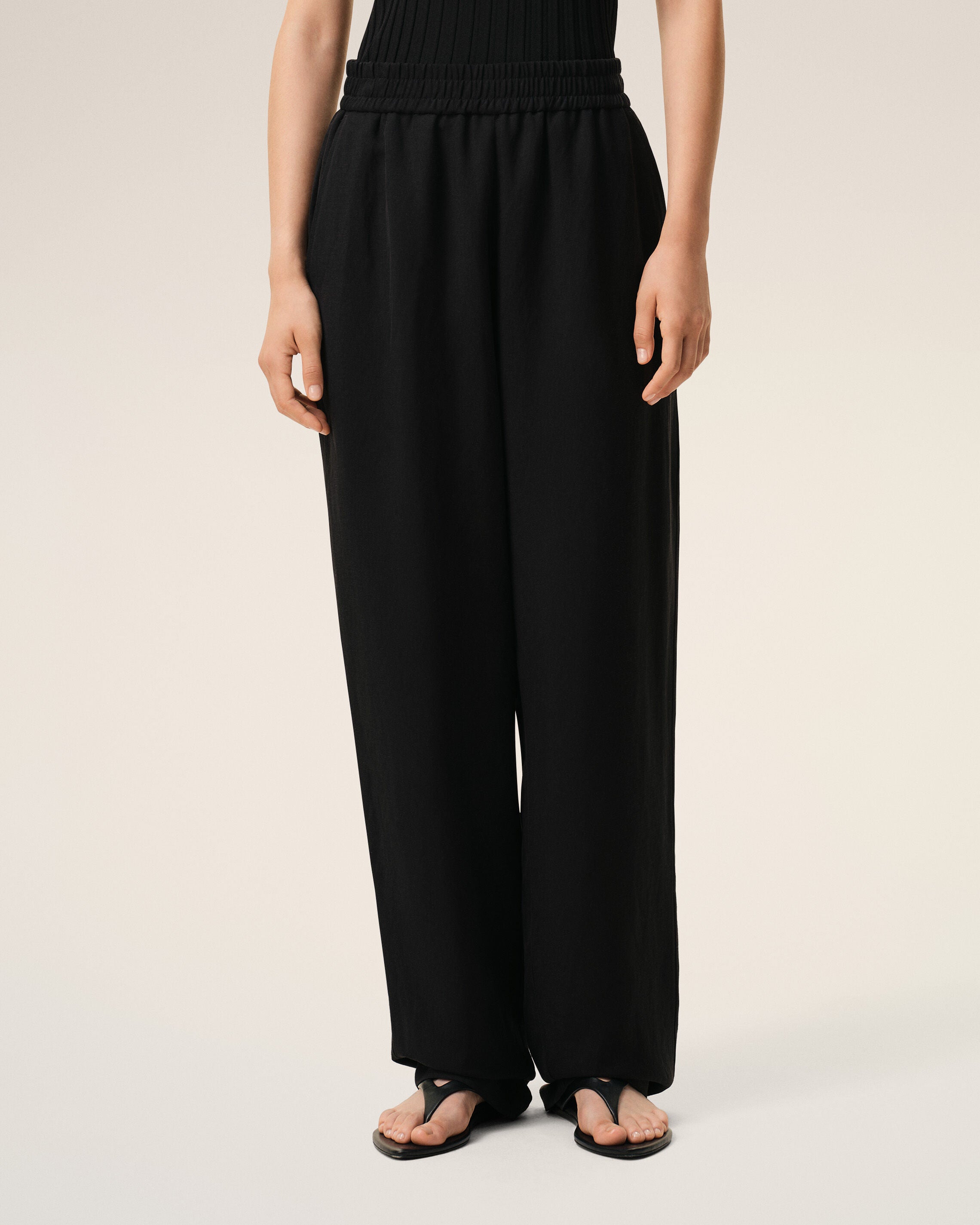 Black Blended Linen Elasticated Waist Trousers