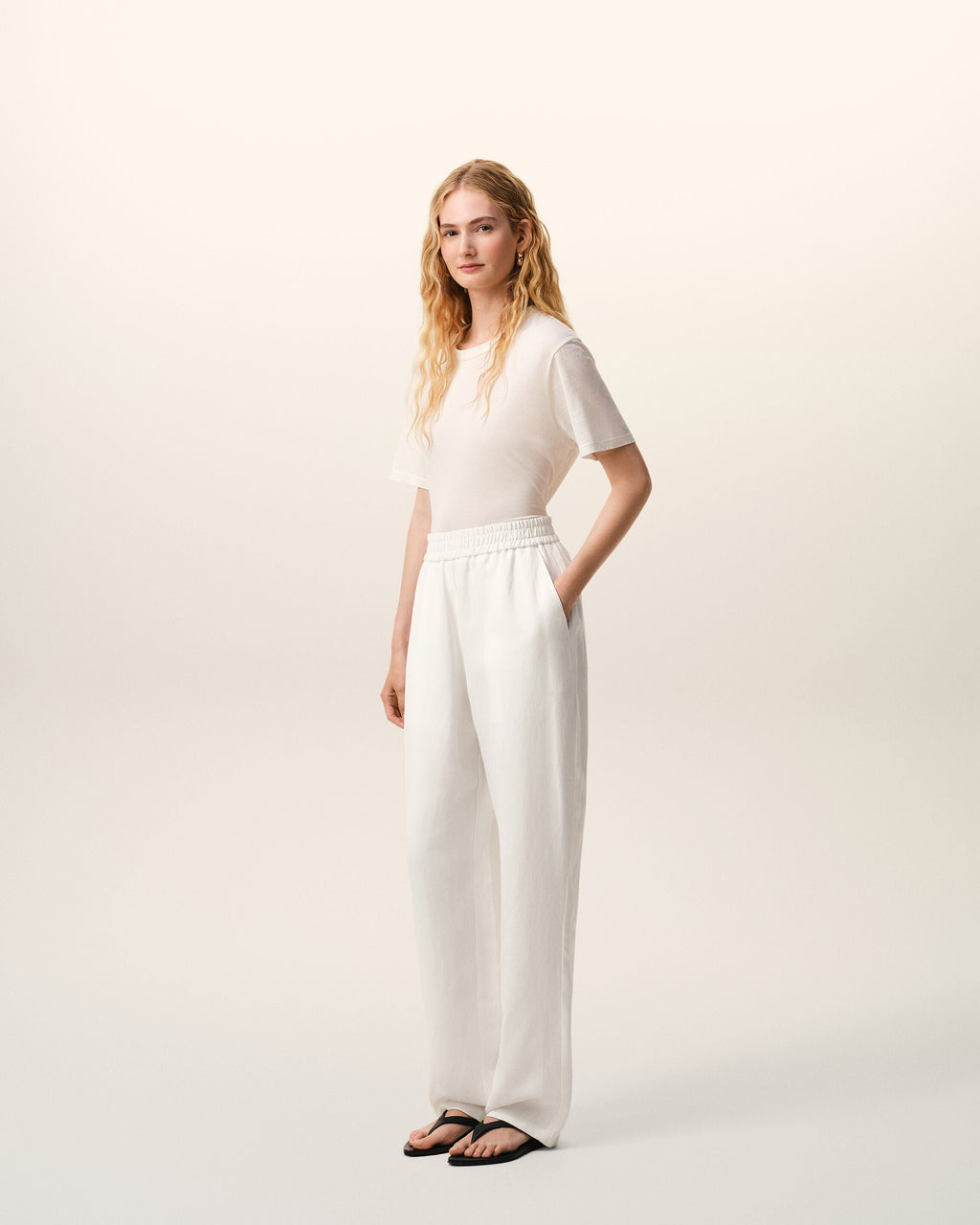 White Blended Linen Elasticated Waist Trousers