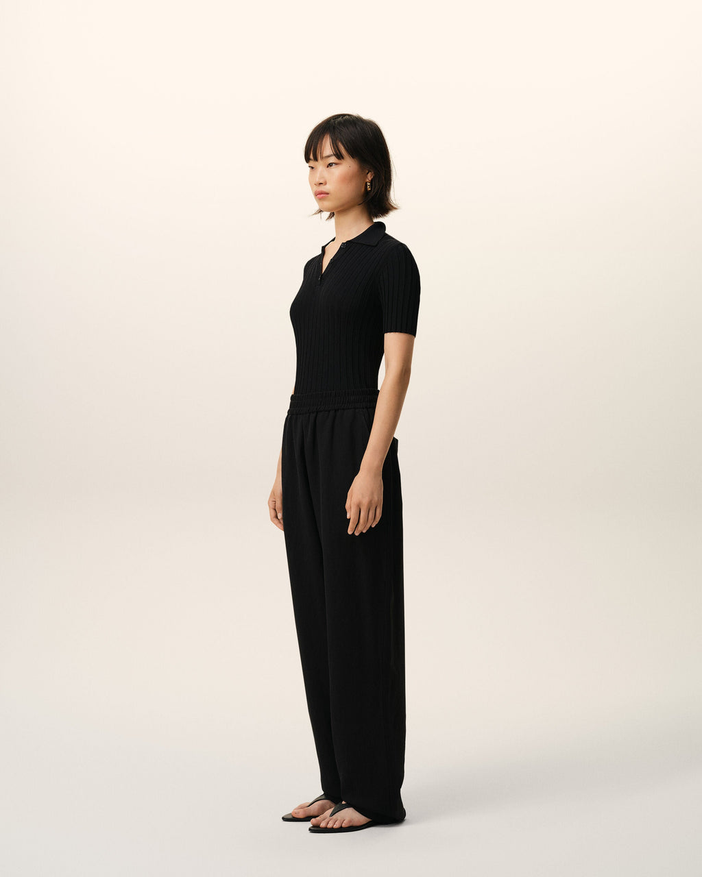 Black Blended Linen Elasticated Waist Trousers