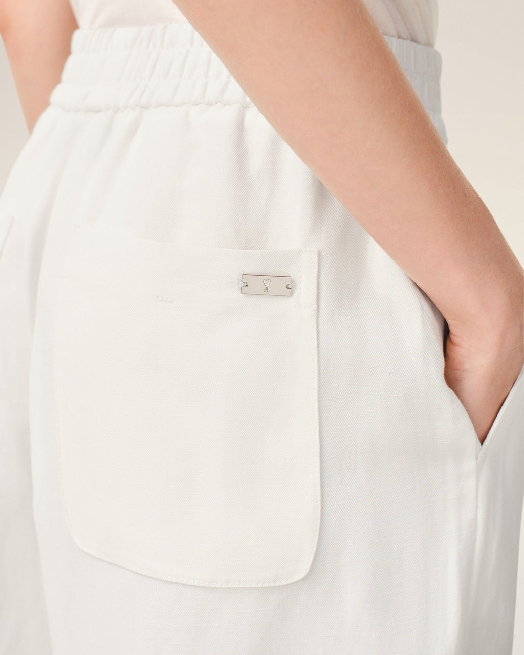 White Blended Linen Elasticated Waist Trousers