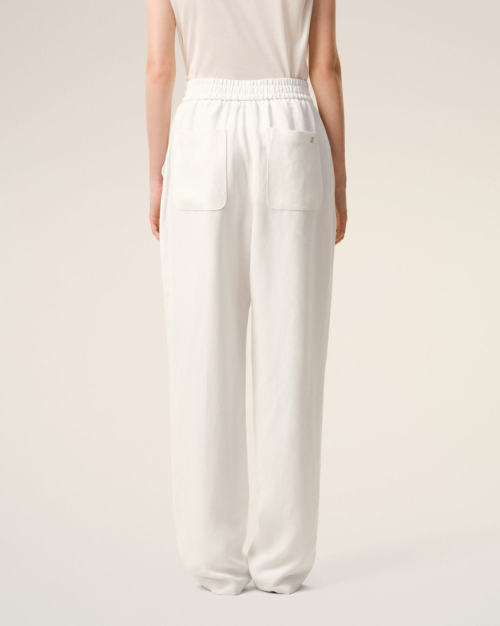 White Blended Linen Elasticated Waist Trousers