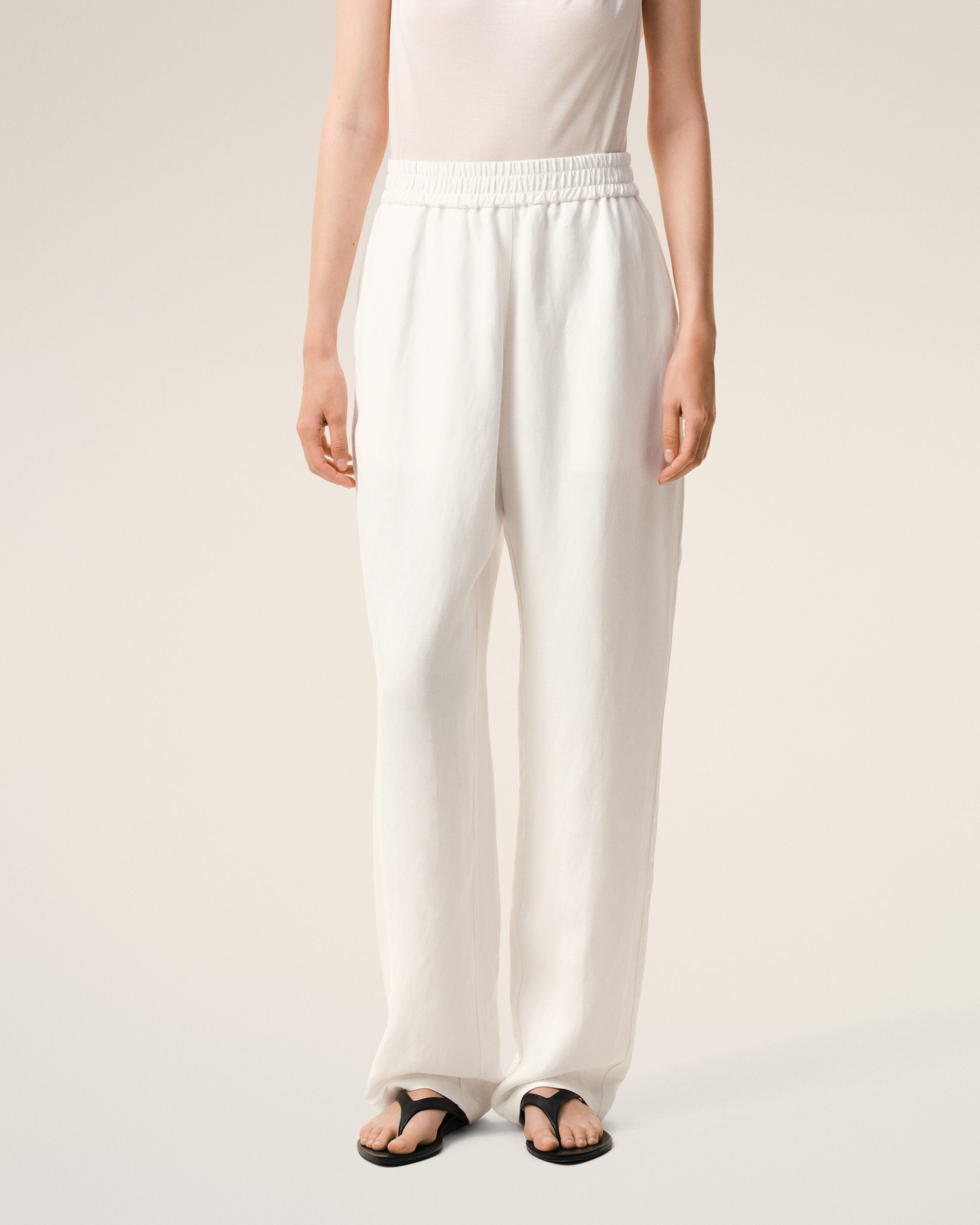 White Blended Linen Elasticated Waist Trousers