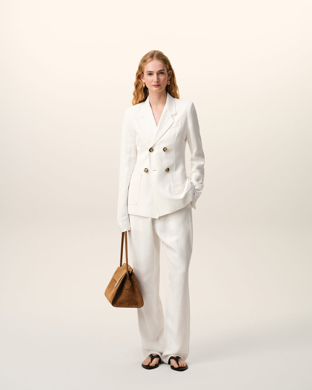 White Blended Linen Elasticated Waist Trousers