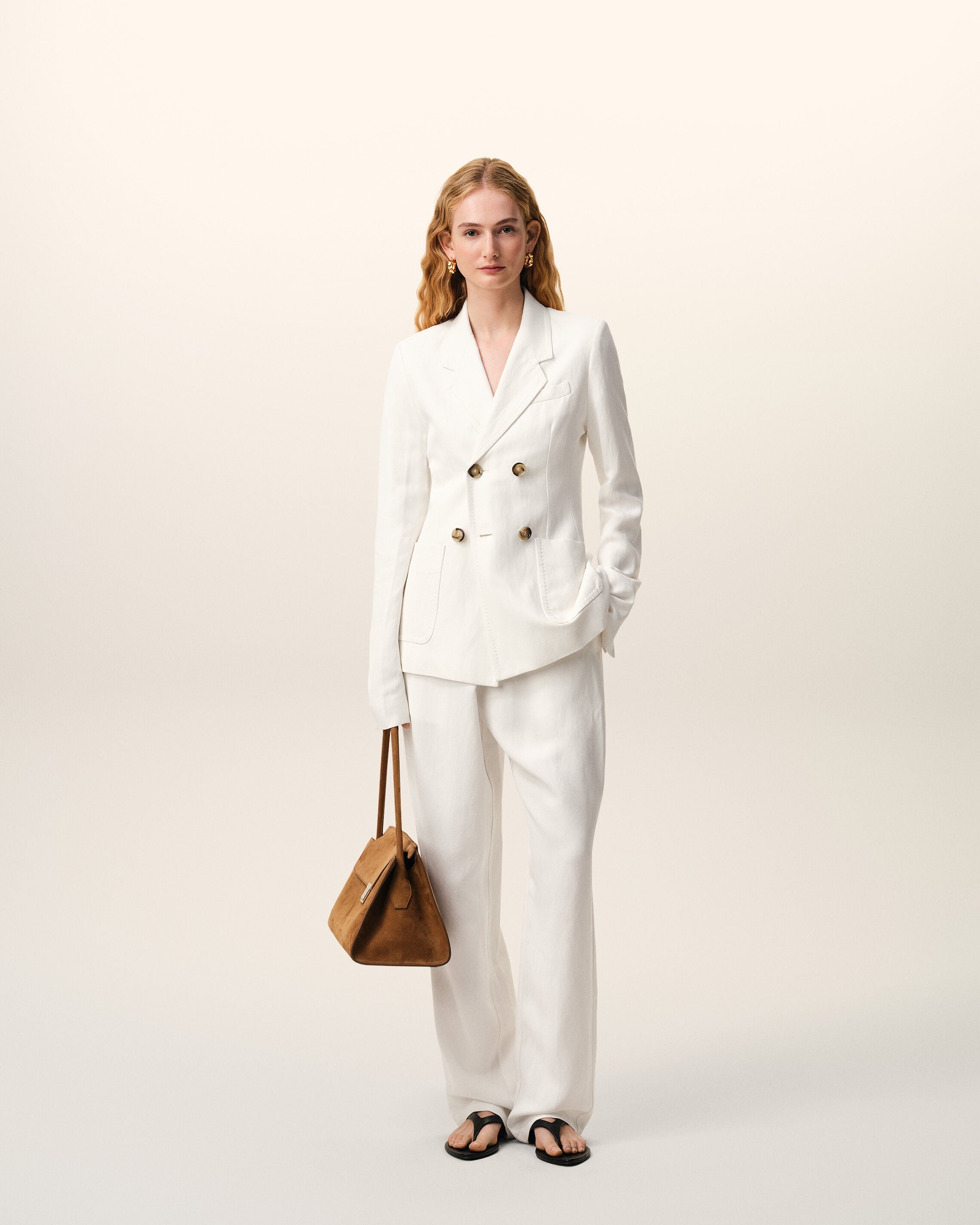 White Blended Linen Elasticated Waist Trousers