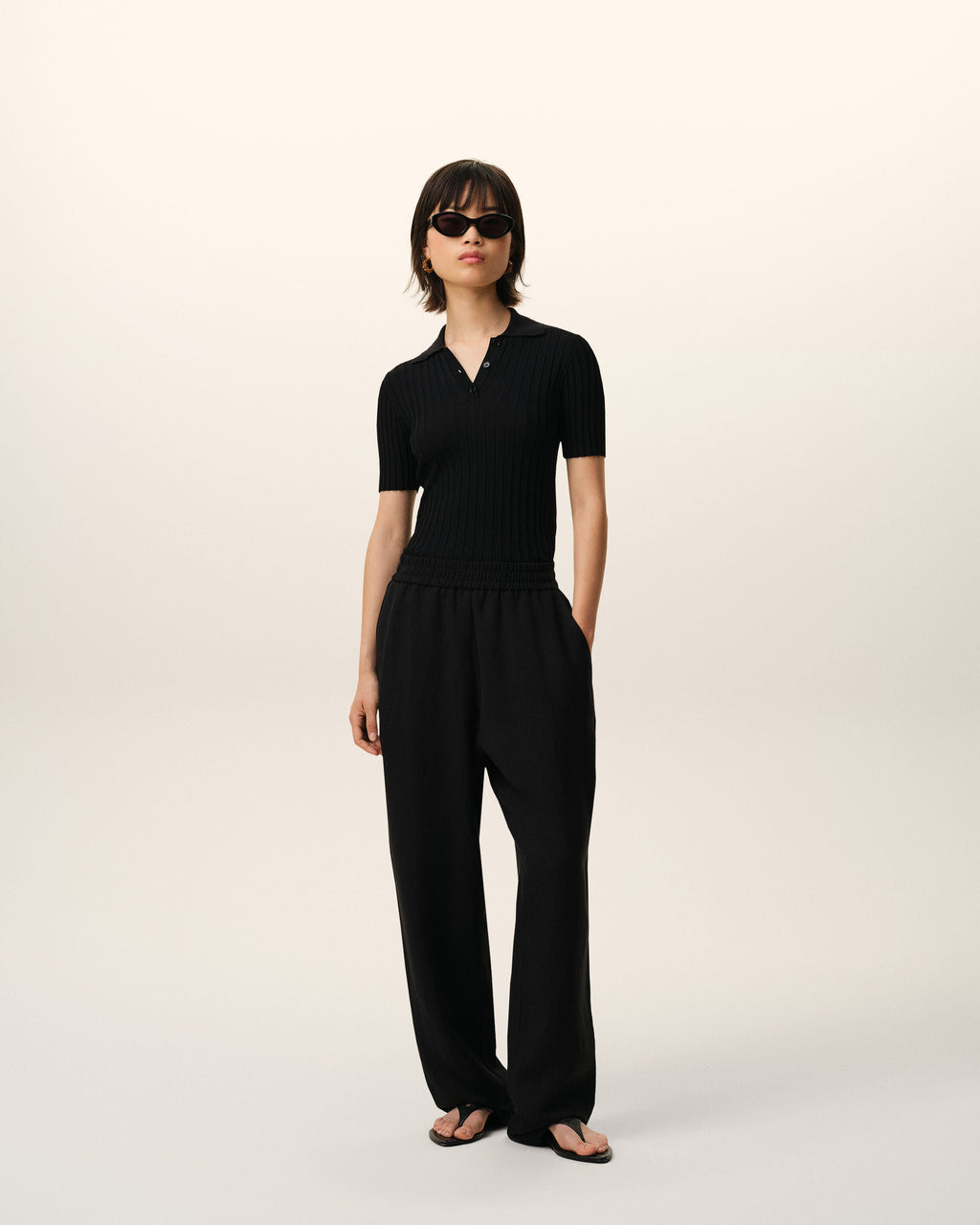 Black Blended Linen Elasticated Waist Trousers