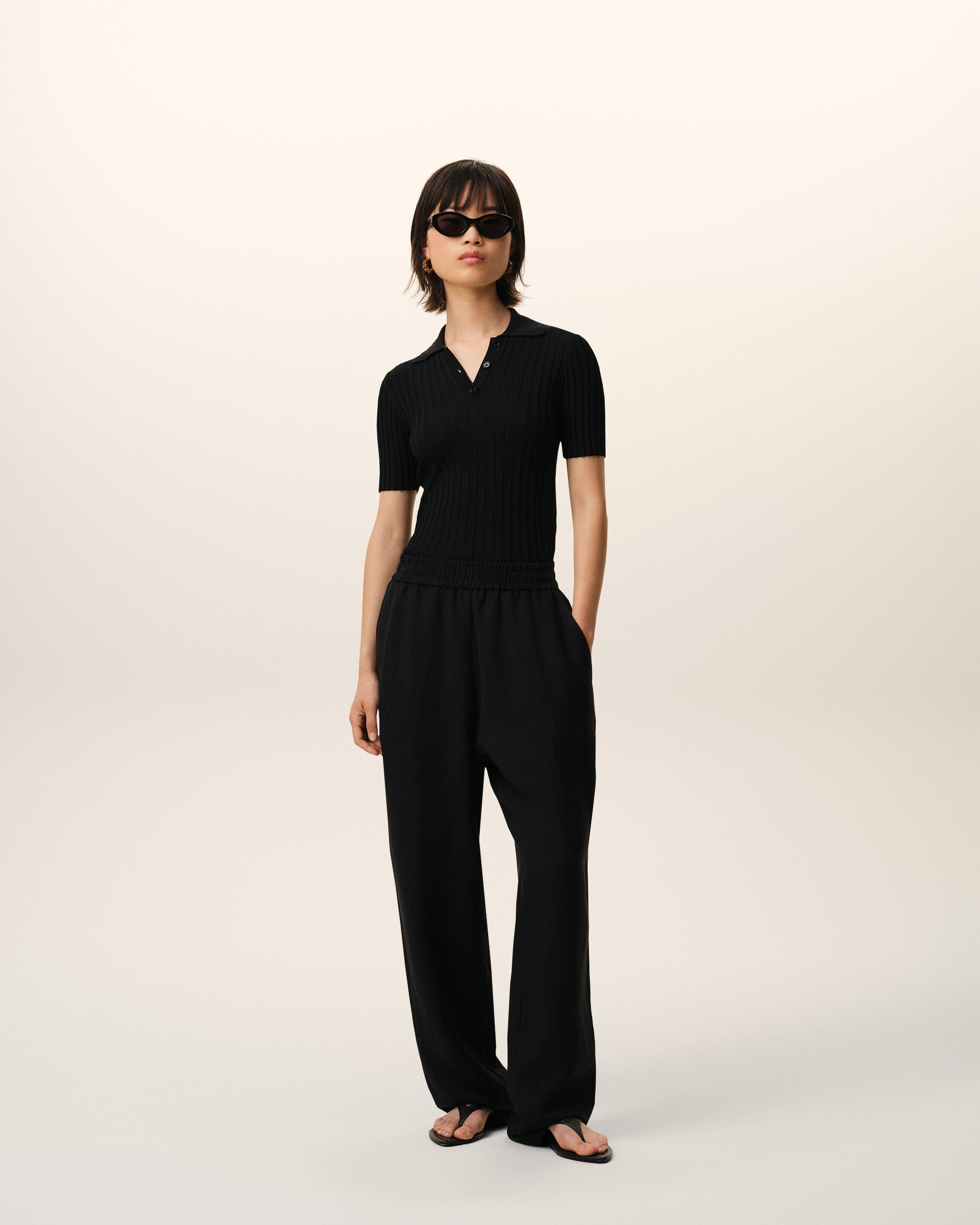 Black Blended Linen Elasticated Waist Trousers
