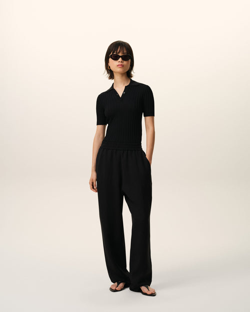 Black Blended Linen Elasticated Waist Trousers