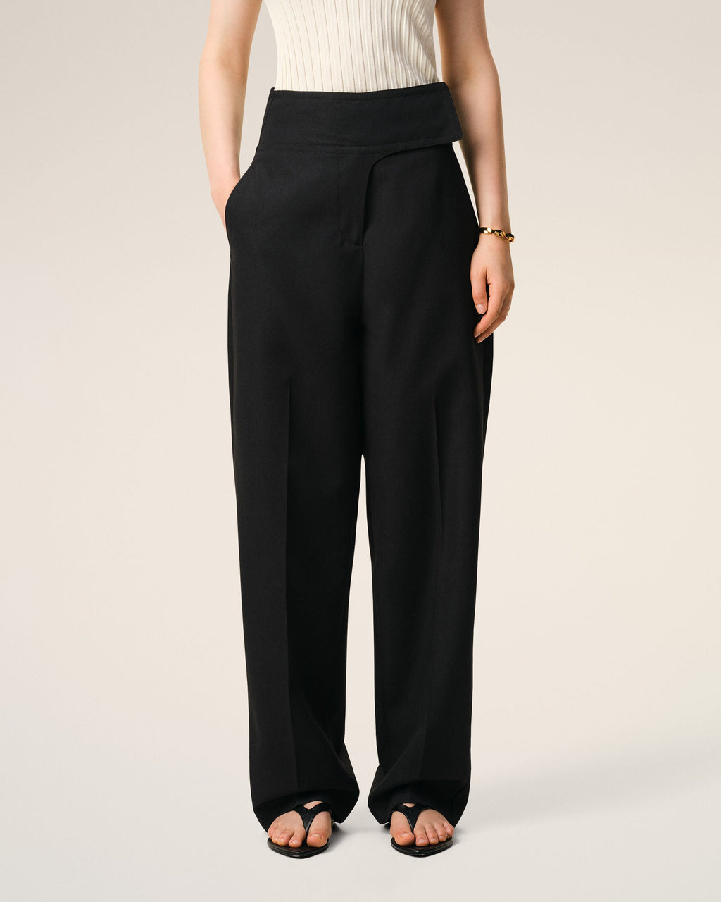 Black New Wool Wrapped Belted Trousers