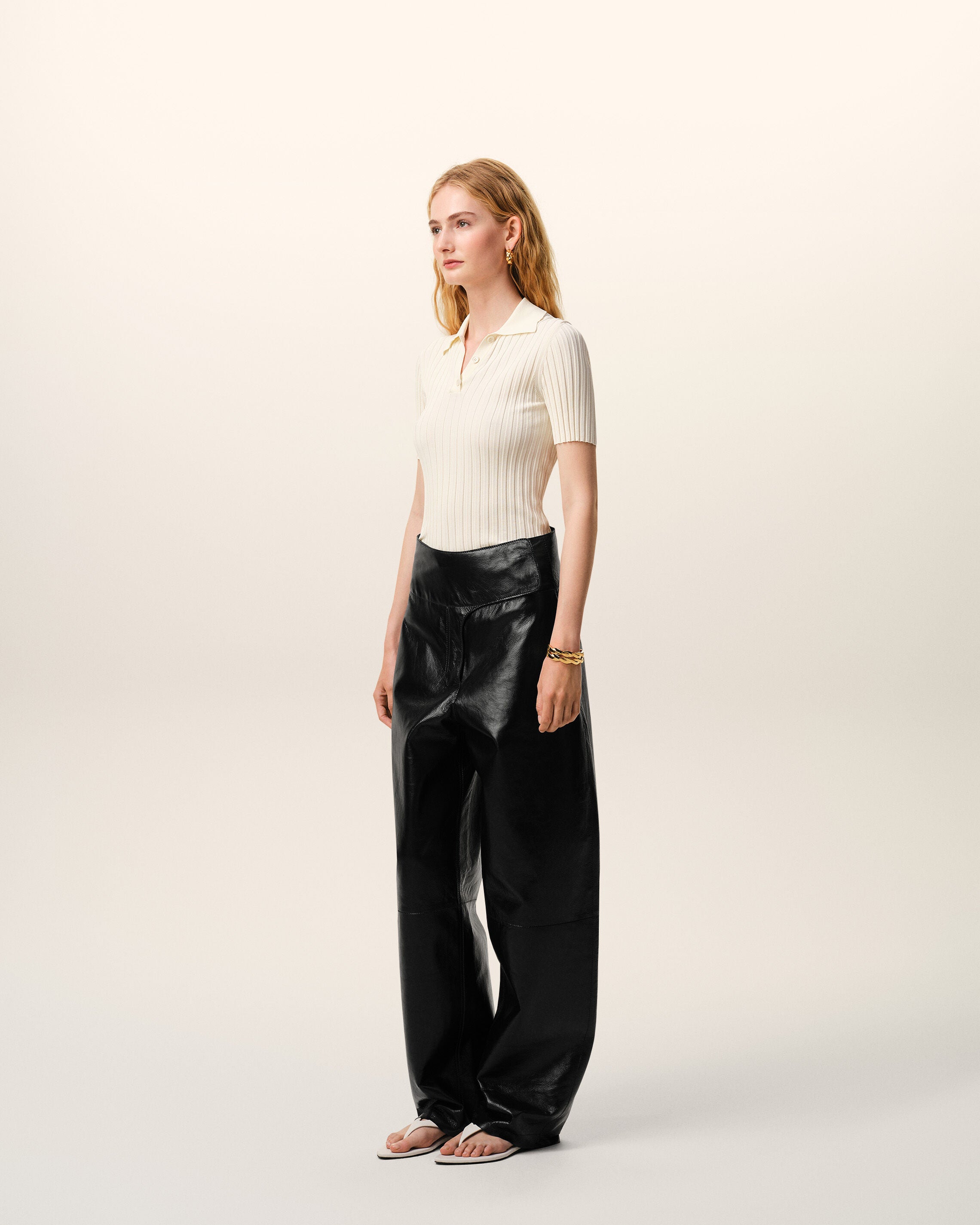 Black Lamb Leather Wrapped Belted Trousers