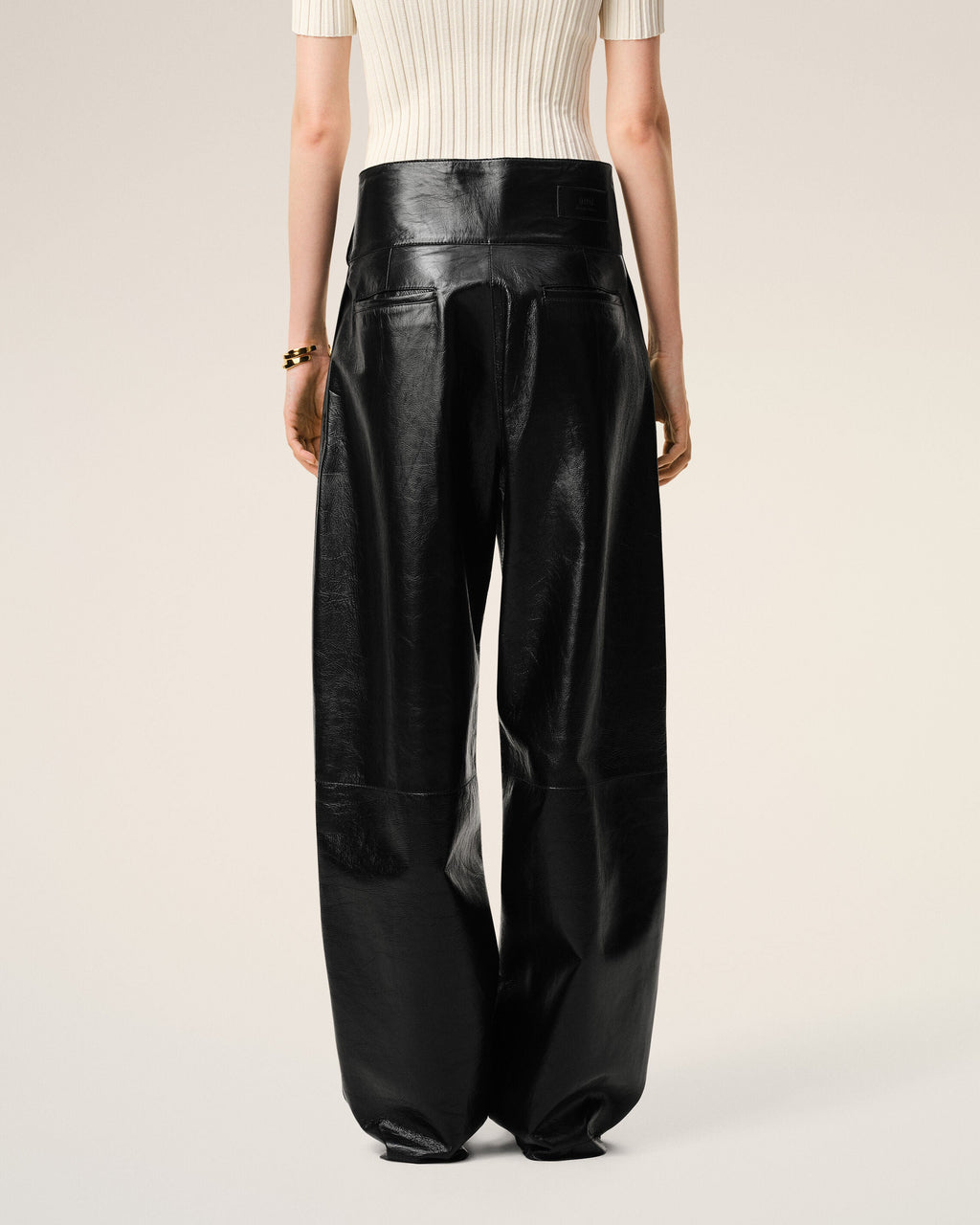 Black Lamb Leather Wrapped Belted Trousers