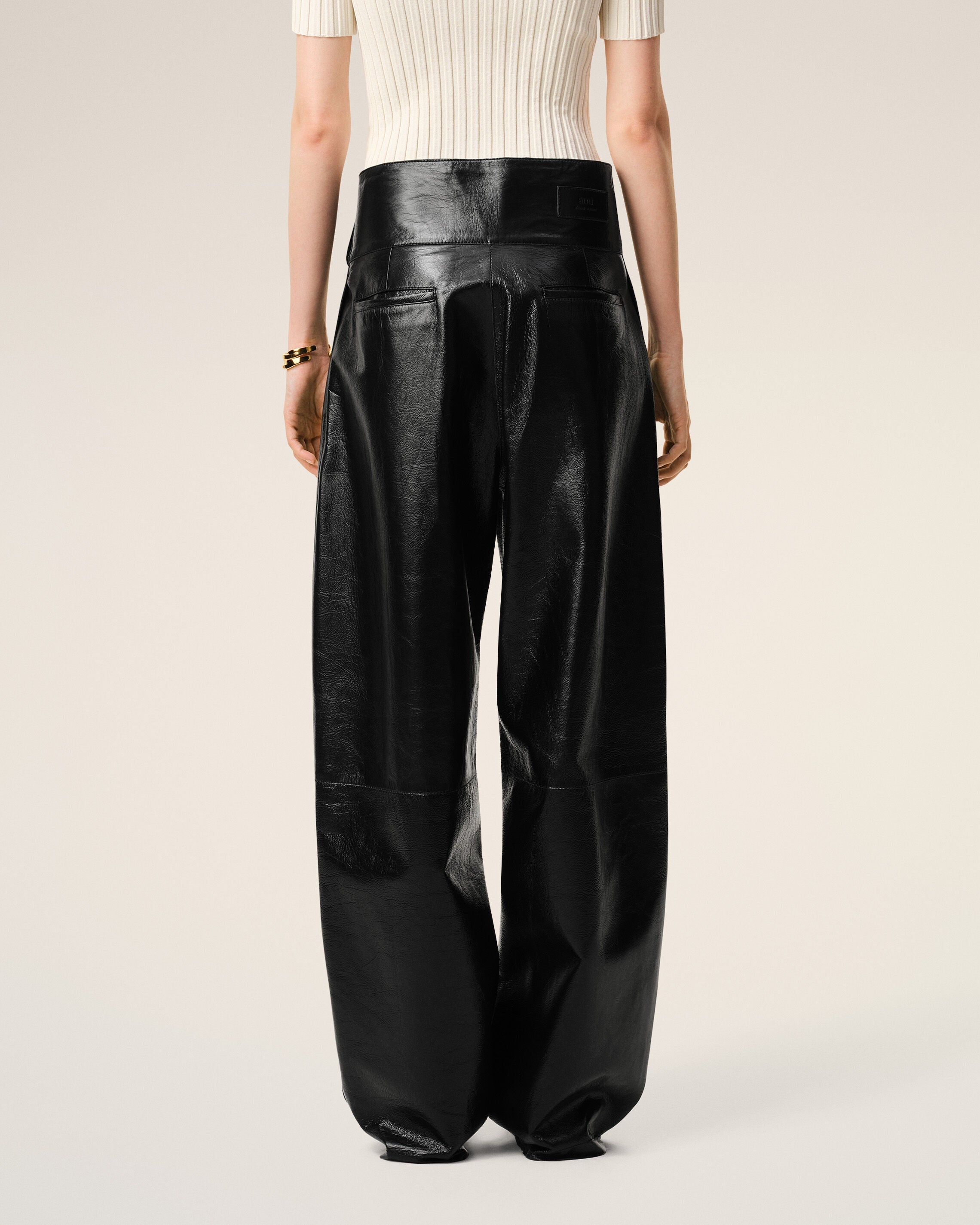 Black Lamb Leather Wrapped Belted Trousers