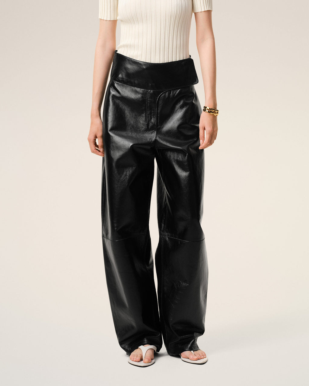 Black Lamb Leather Wrapped Belted Trousers