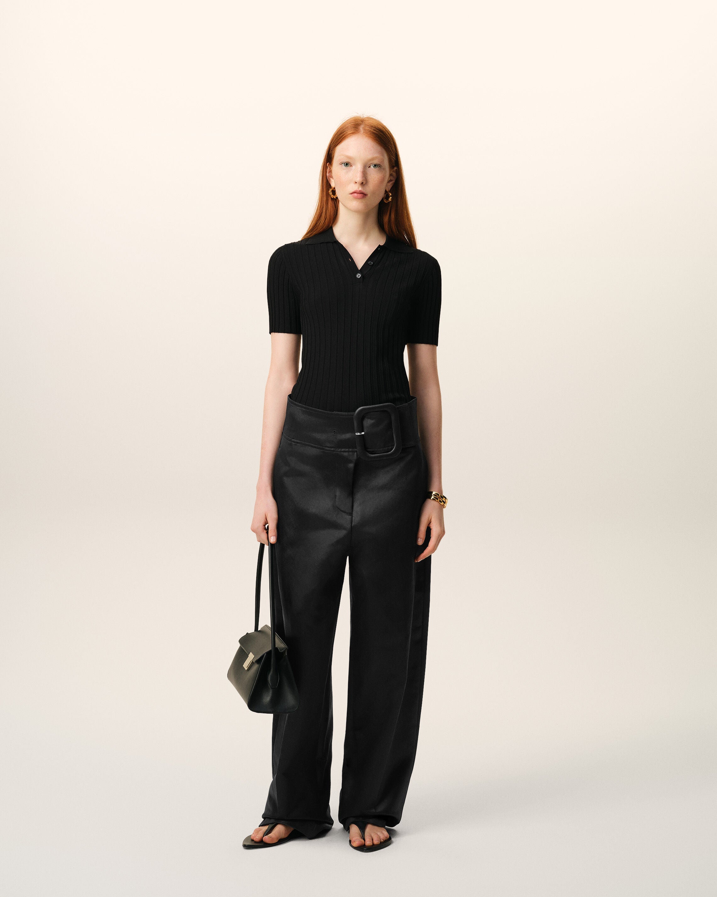 Black Satin Buckled Belt Trousers