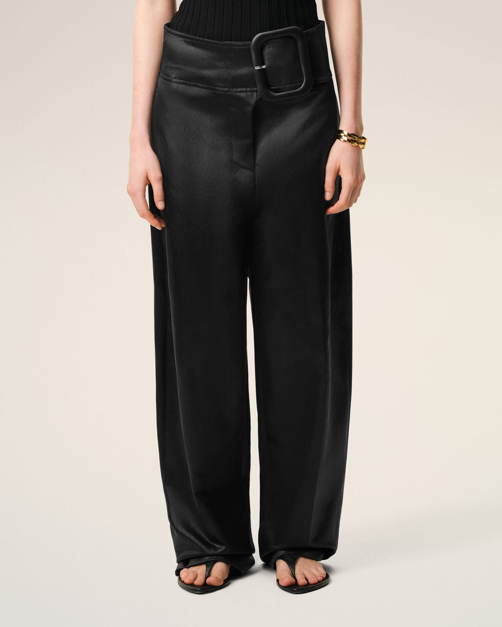 Black Satin Buckled Belt Trousers