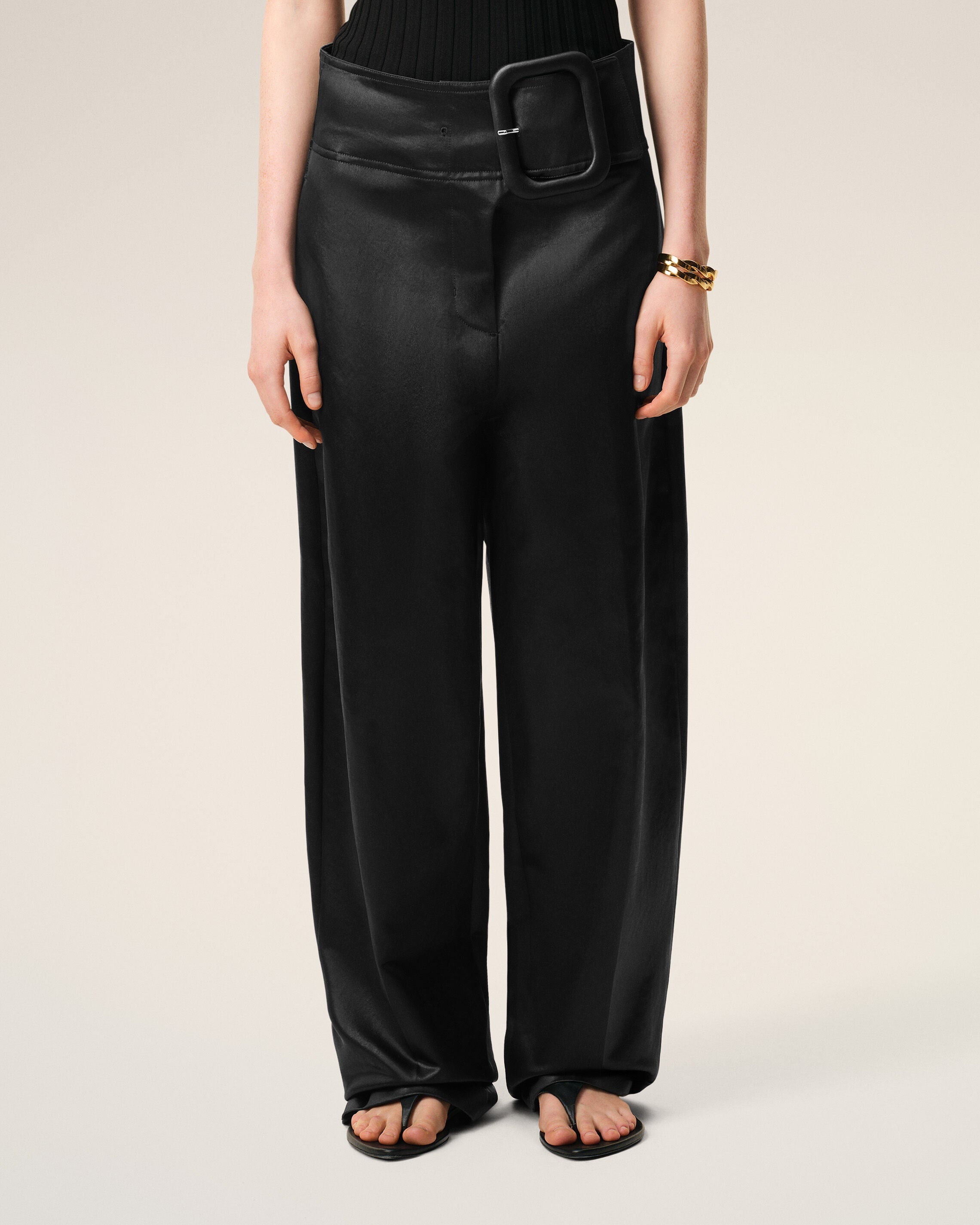 Black Satin Buckled Belt Trousers