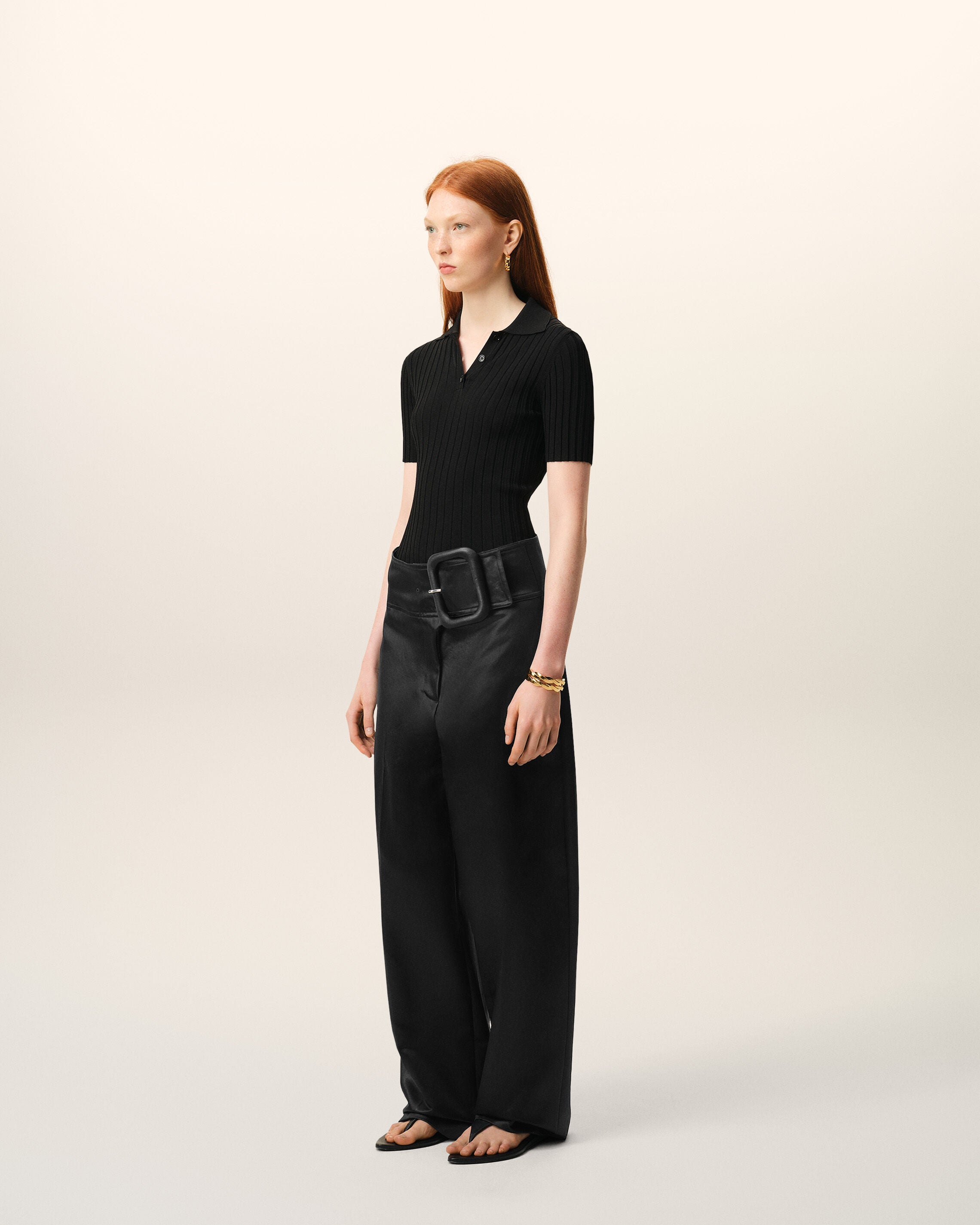 Black Satin Buckled Belt Trousers