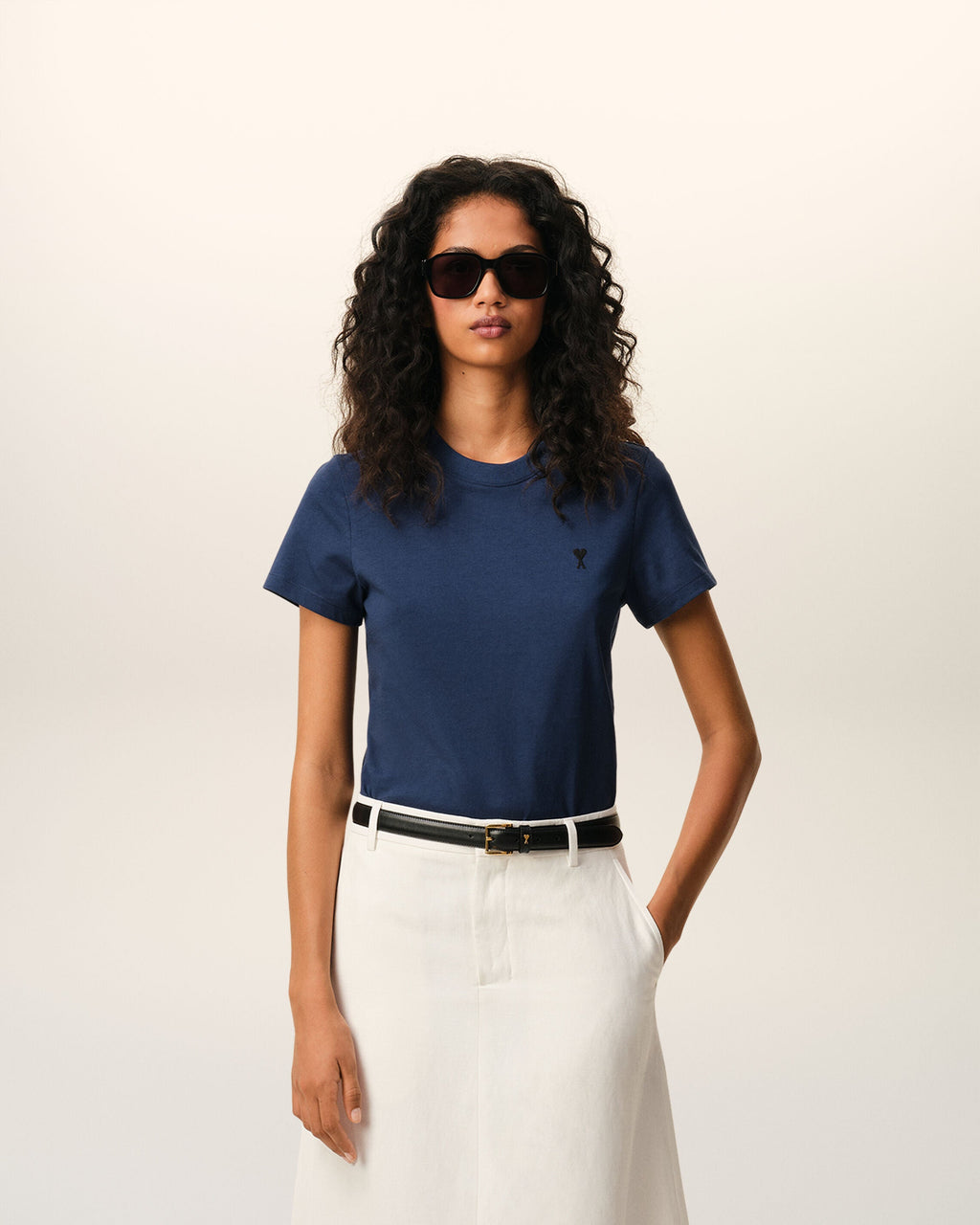 Blue Cotton Ami De Coeur Cropped T-shirt