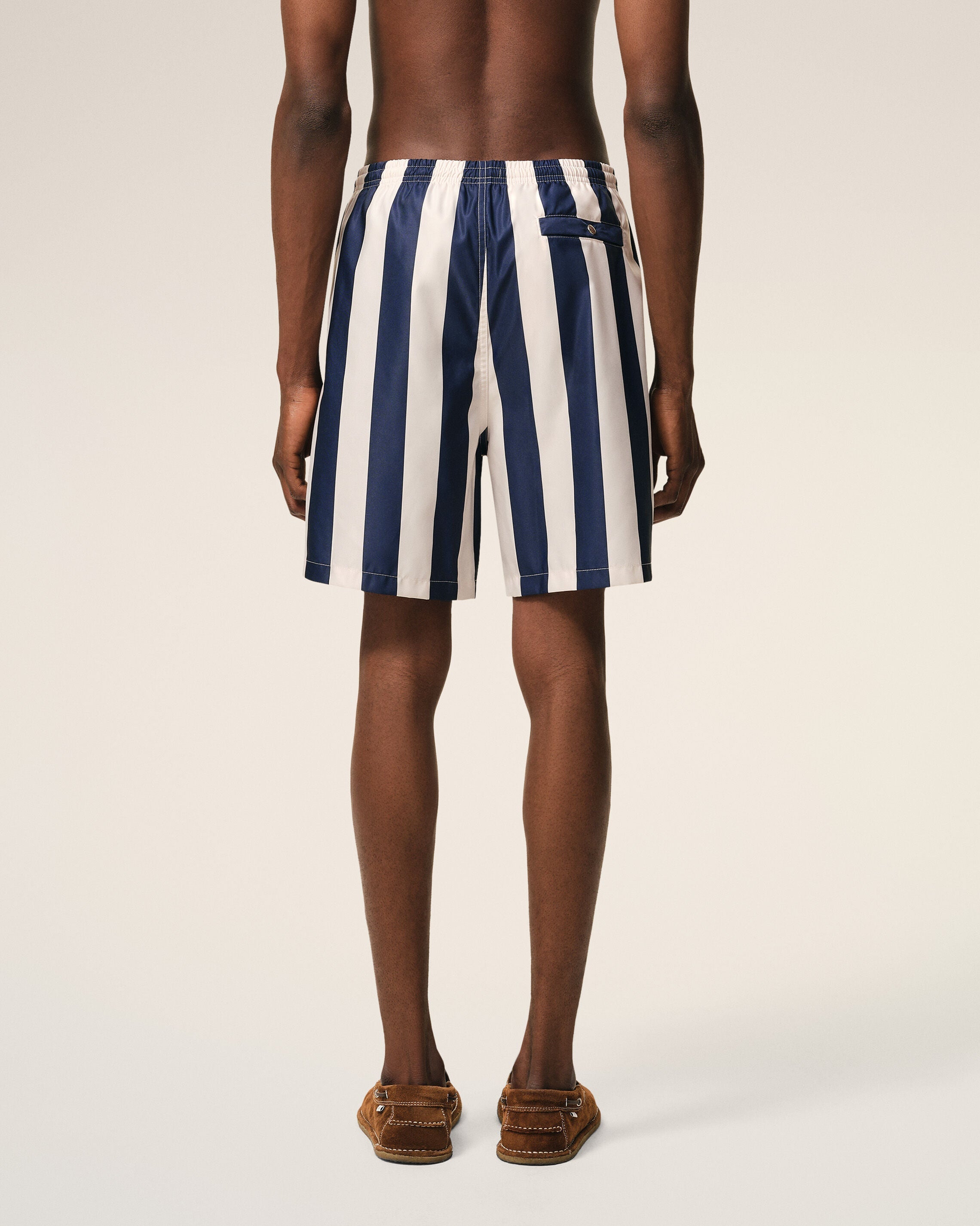 White And Navy Long Stripes Swimsuit