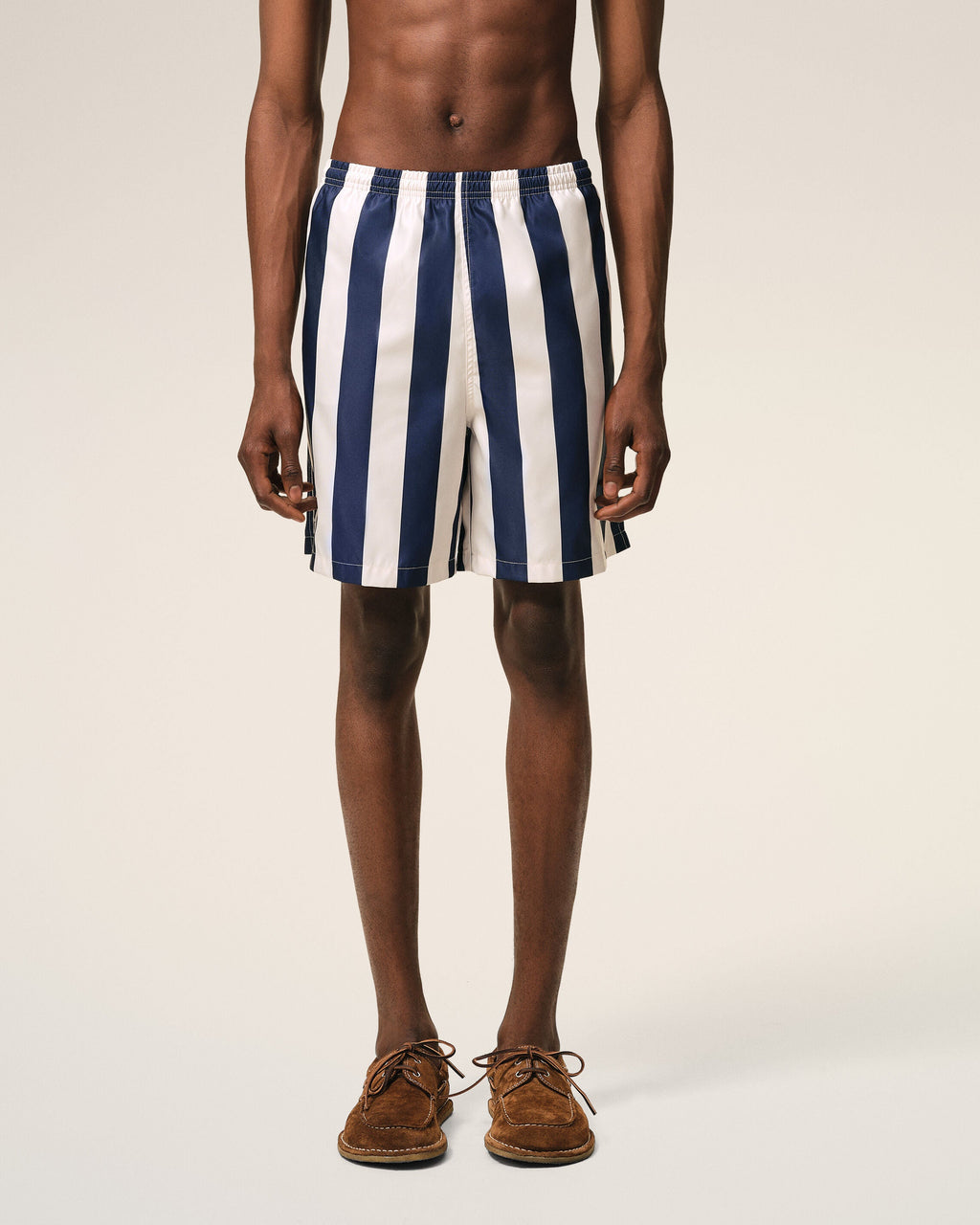 White And Navy Long Stripes Swimsuit