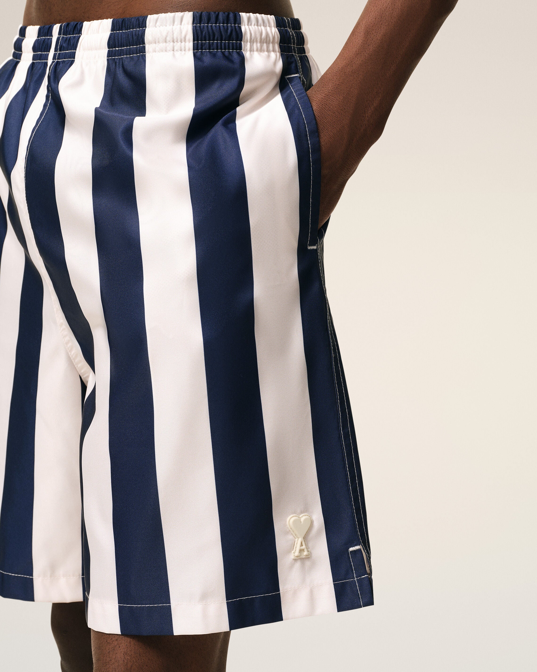 White And Navy Long Stripes Swimsuit