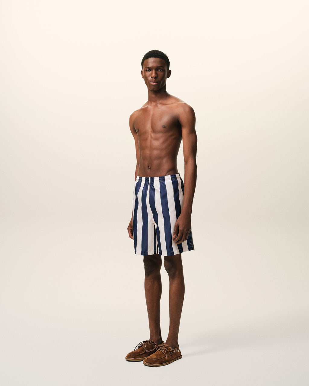 White And Navy Long Stripes Swimsuit