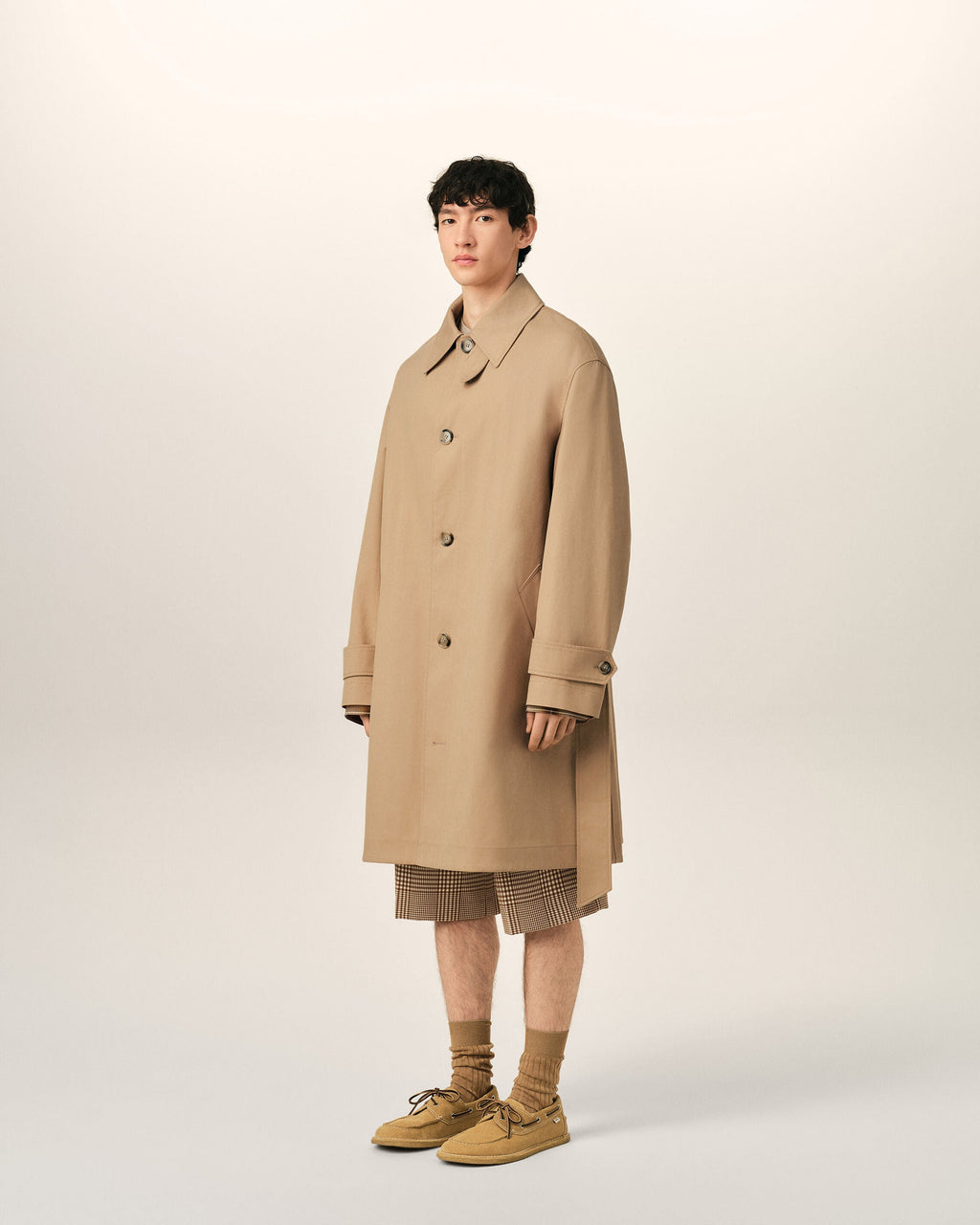 Beige Water-Repellent Cotton Twill Belted Mac