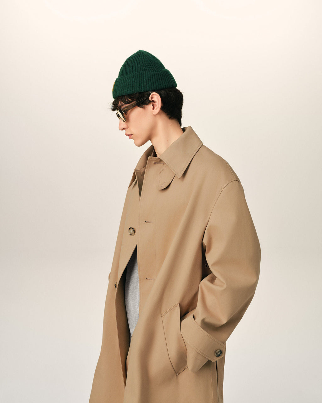 Beige Water-Repellent Cotton Twill Belted Mac