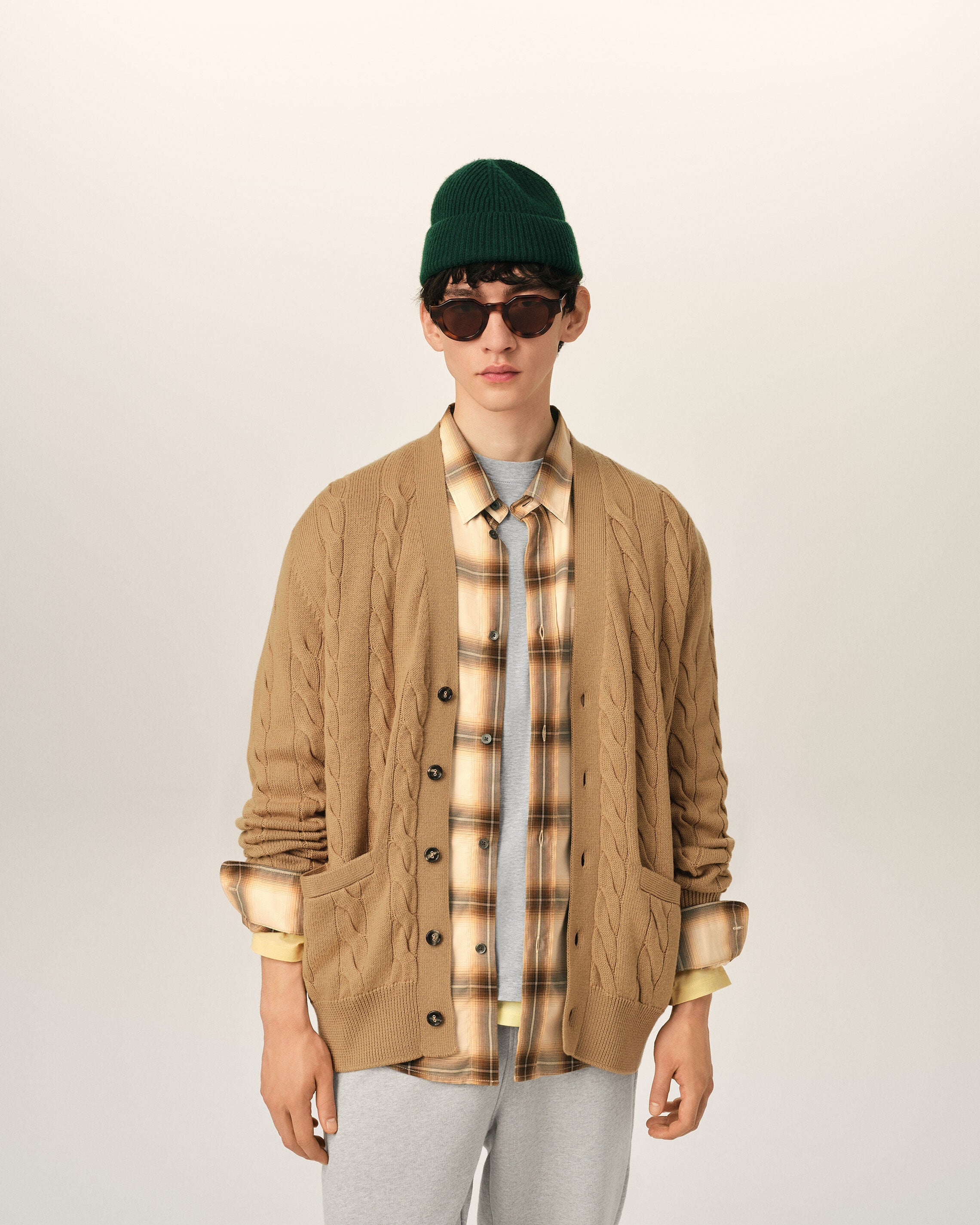 Brown Wool And Cotton Cable Stitch Cardigan