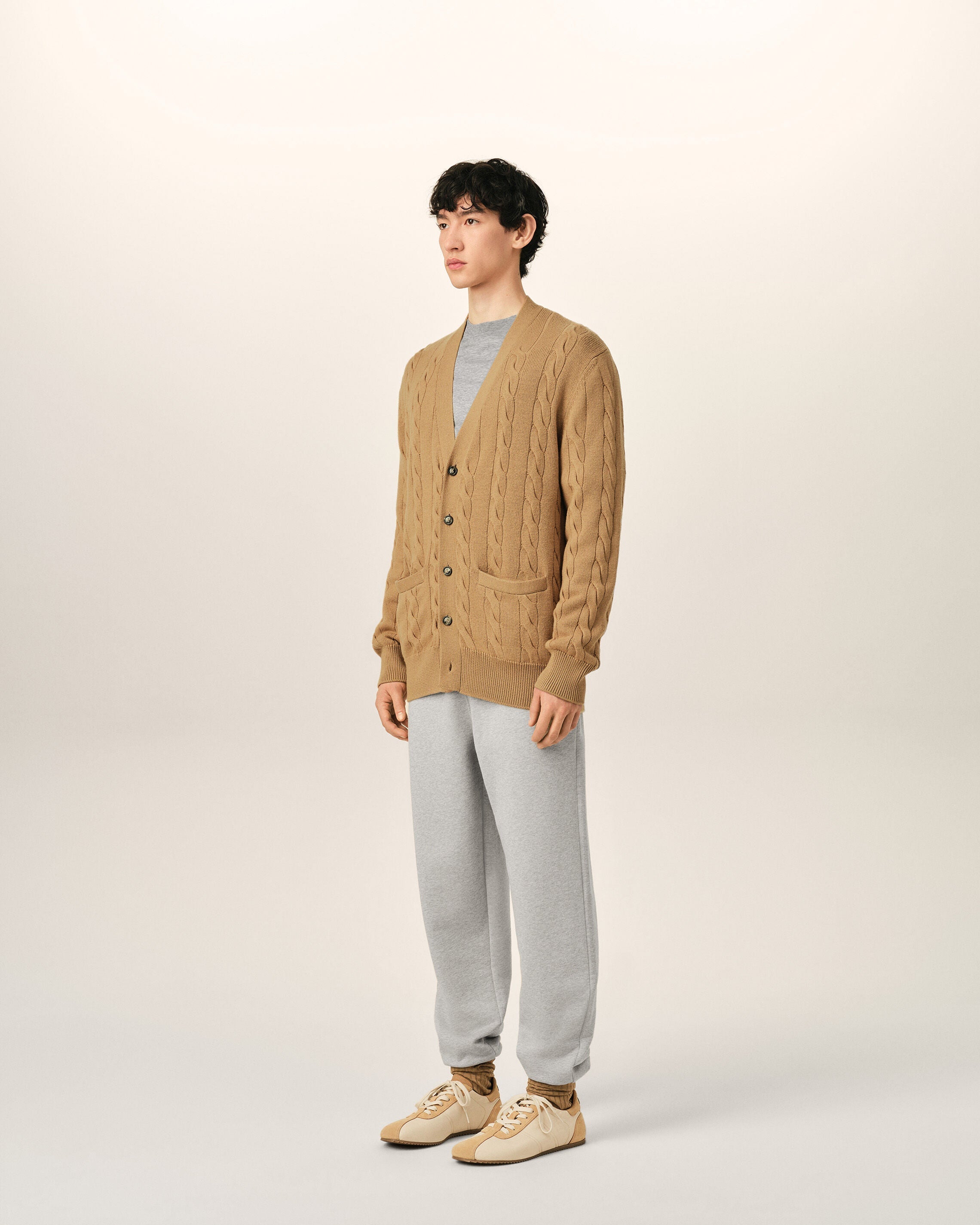 Brown Wool And Cotton Cable Stitch Cardigan