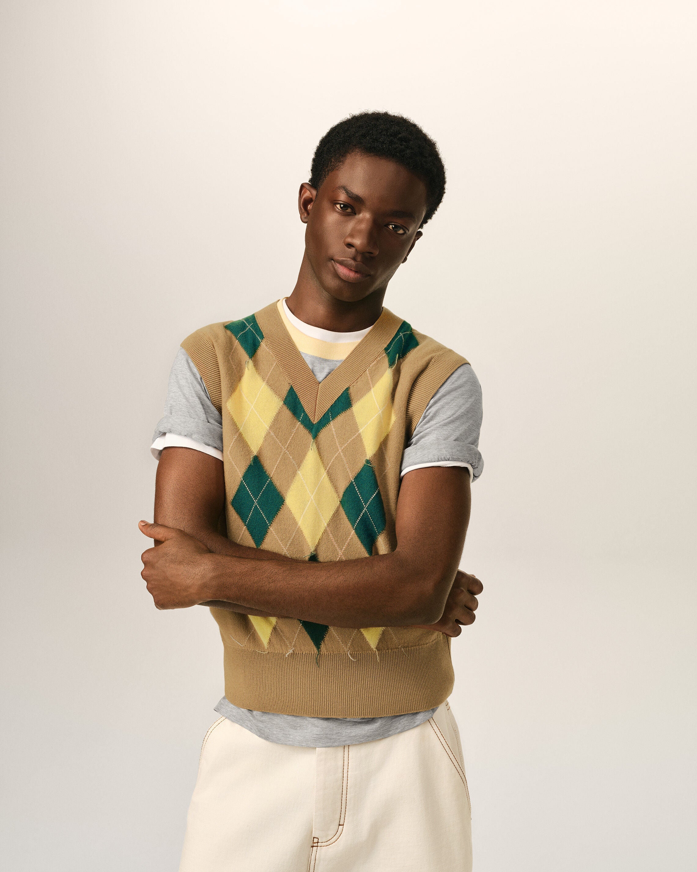 Brown Wool And Cotton Argyle Intarsia Sleeveless Sweater