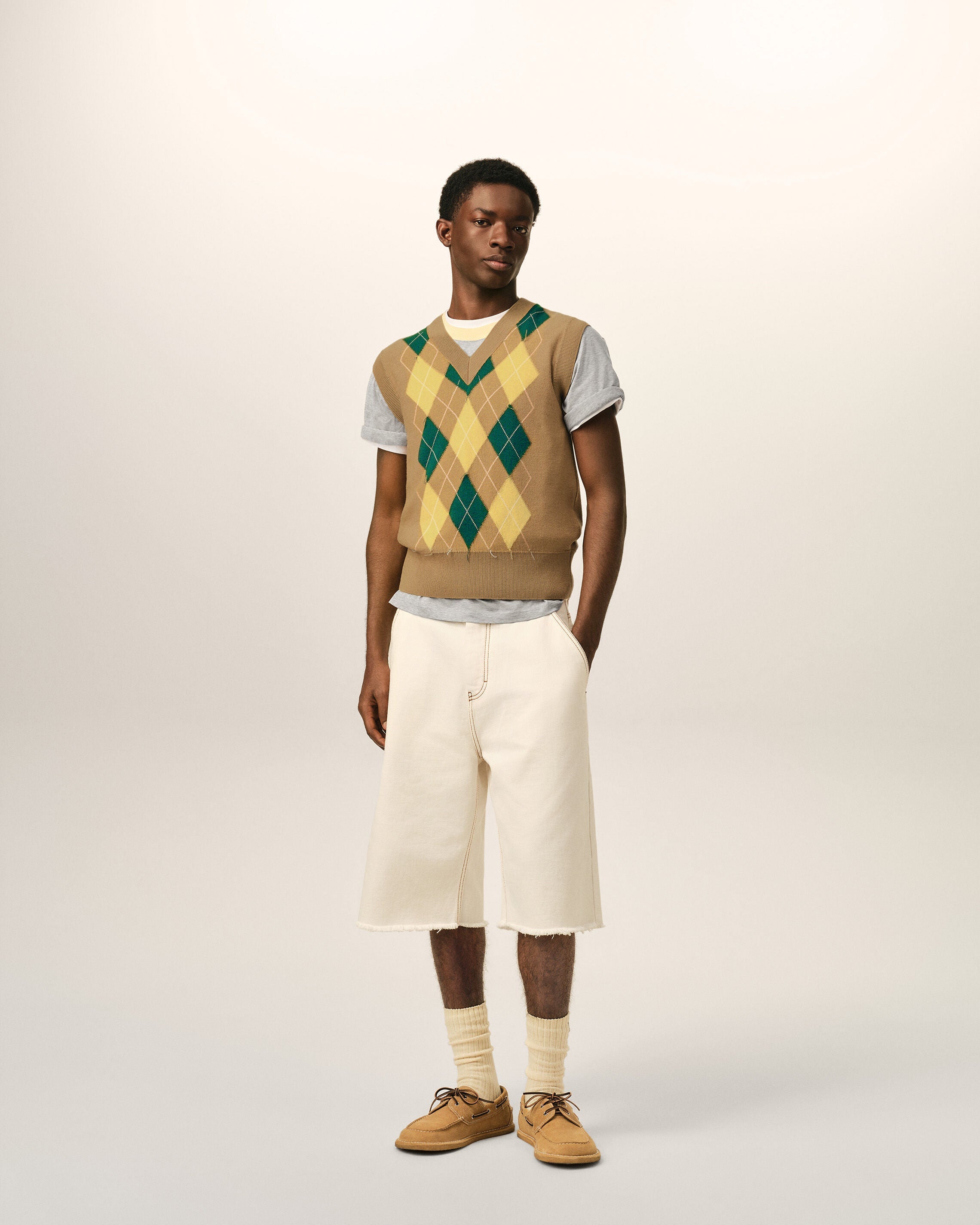 Brown Wool And Cotton Argyle Intarsia Sleeveless Sweater