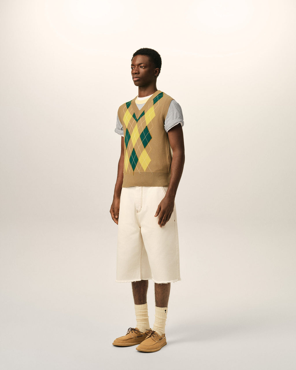 Brown Wool And Cotton Argyle Intarsia Sleeveless Sweater