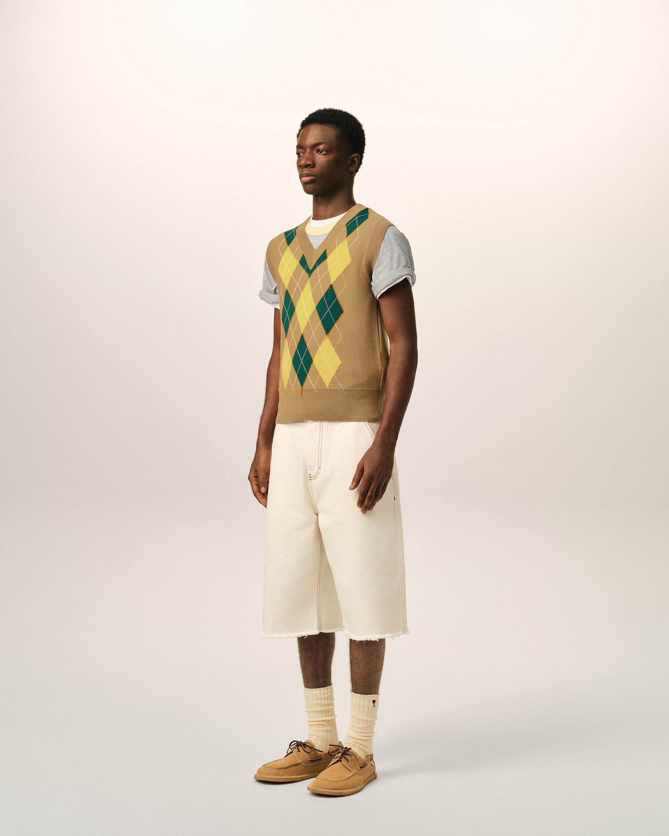 Brown Wool And Cotton Argyle Intarsia Sleeveless Sweater