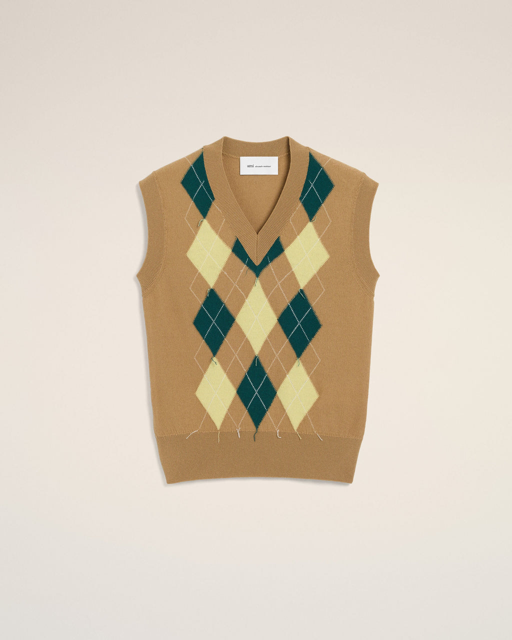 Brown Wool And Cotton Argyle Intarsia Sleeveless Sweater