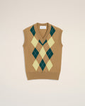 Brown Wool And Cotton Argyle Intarsia Sleeveless Sweater