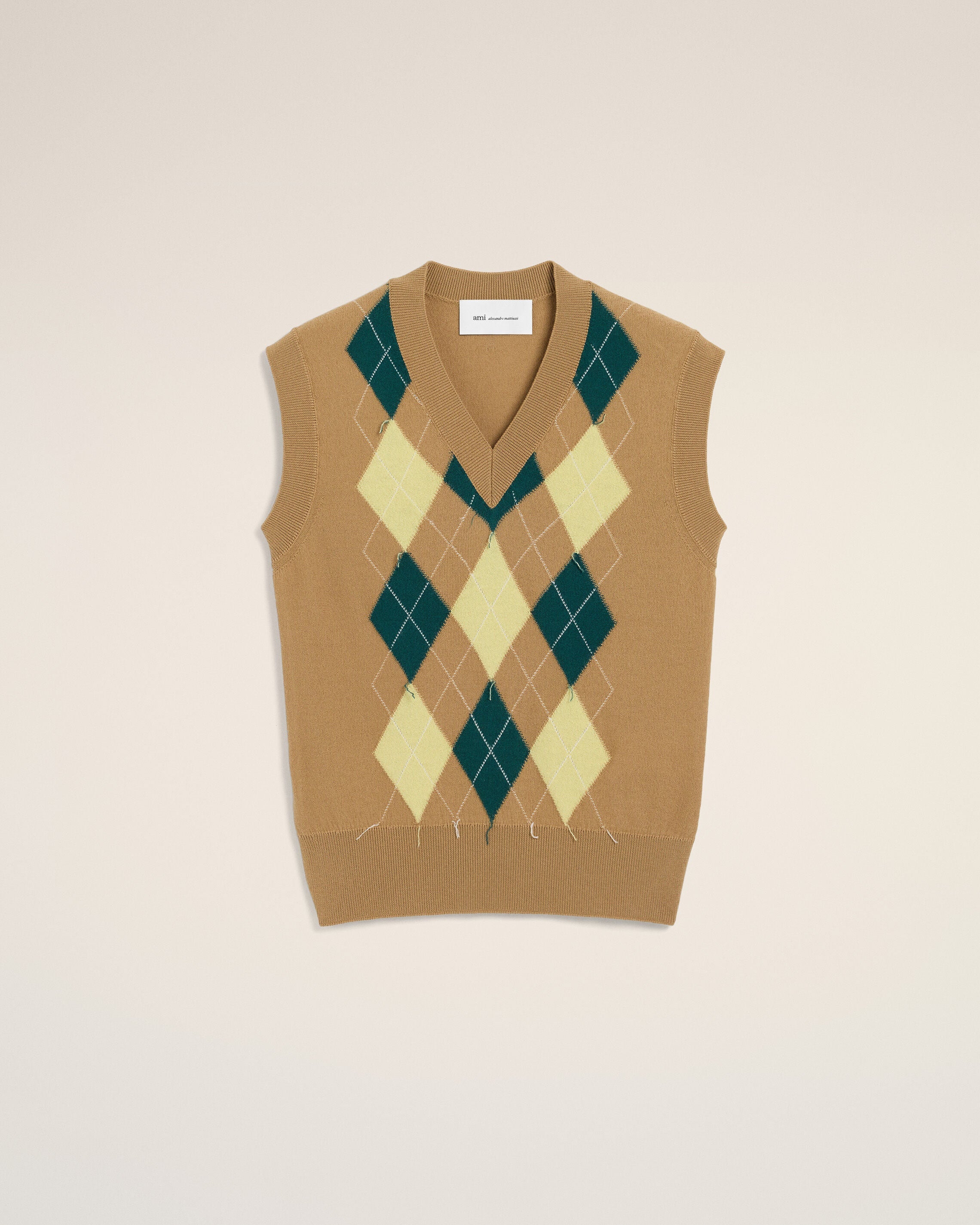 Brown Wool And Cotton Argyle Intarsia Sleeveless Sweater